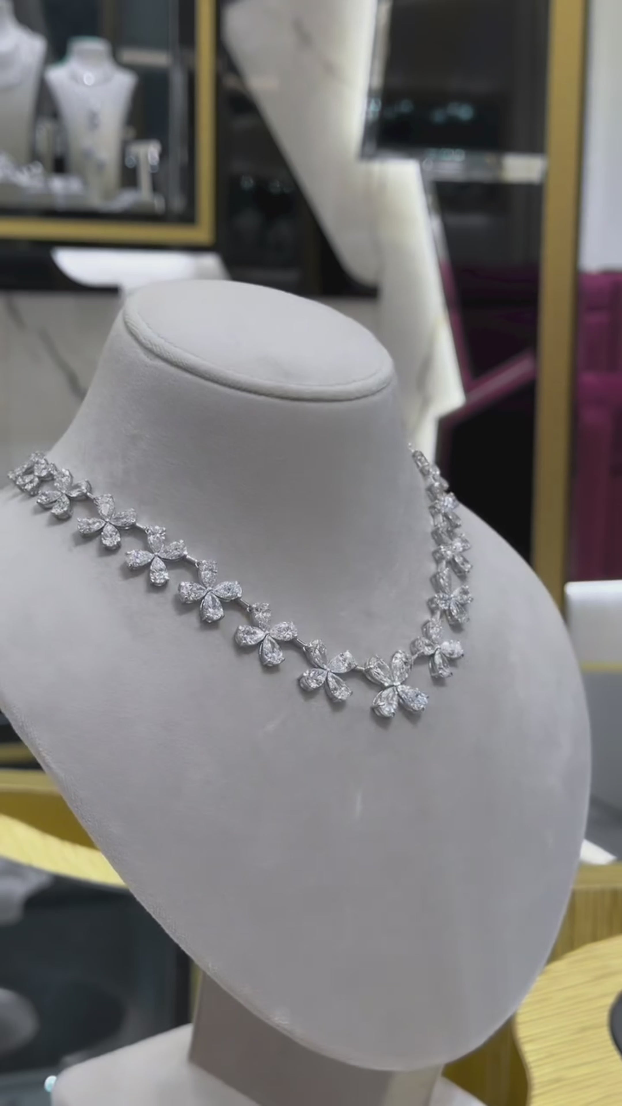 14K White Gold Pear Cut Diamond Graduated Flower Necklace 55.96ctw