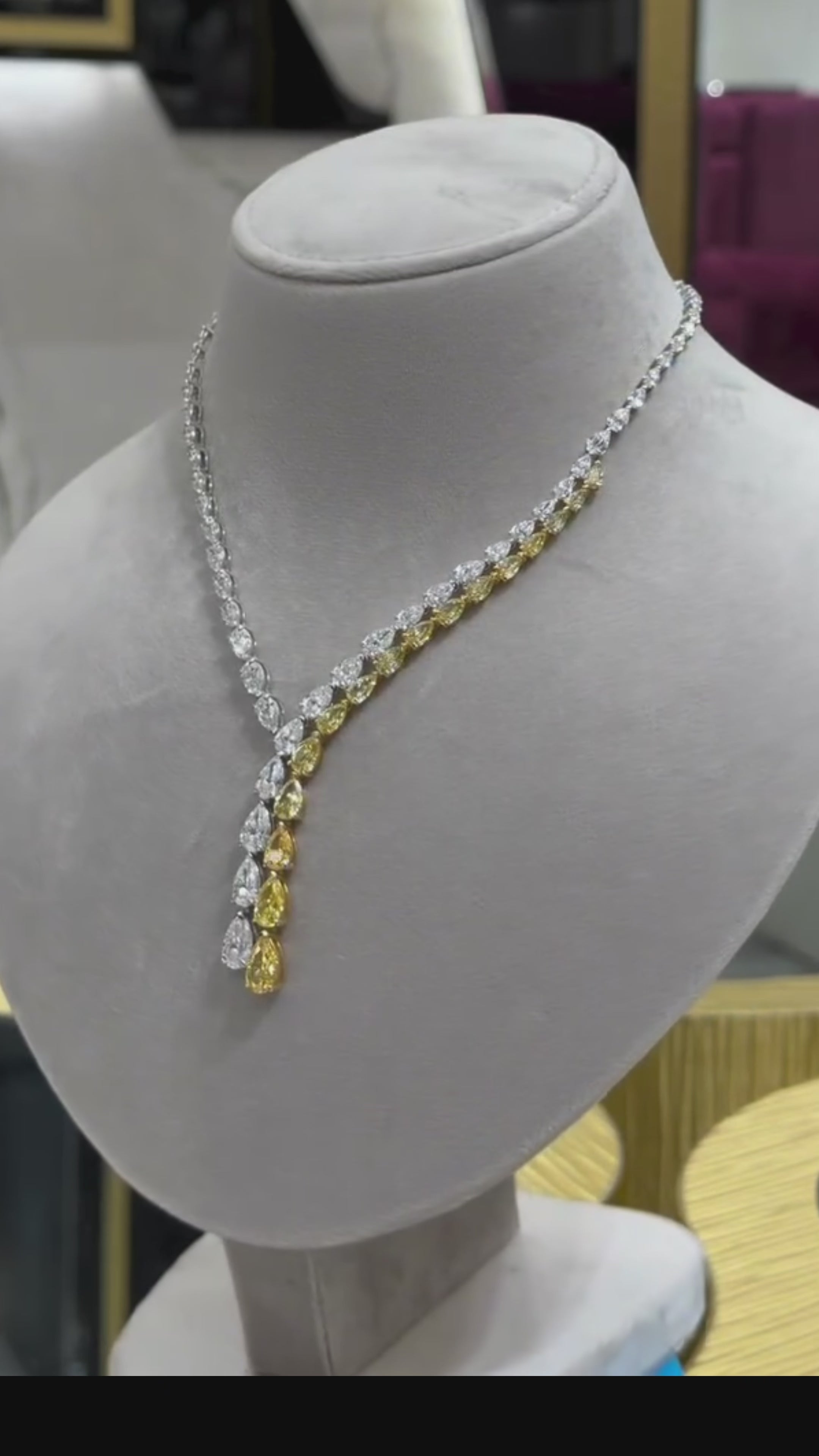 14K Two Tone Pear Cut Fancy Yellow Diamond Drop Necklace 35.20ct