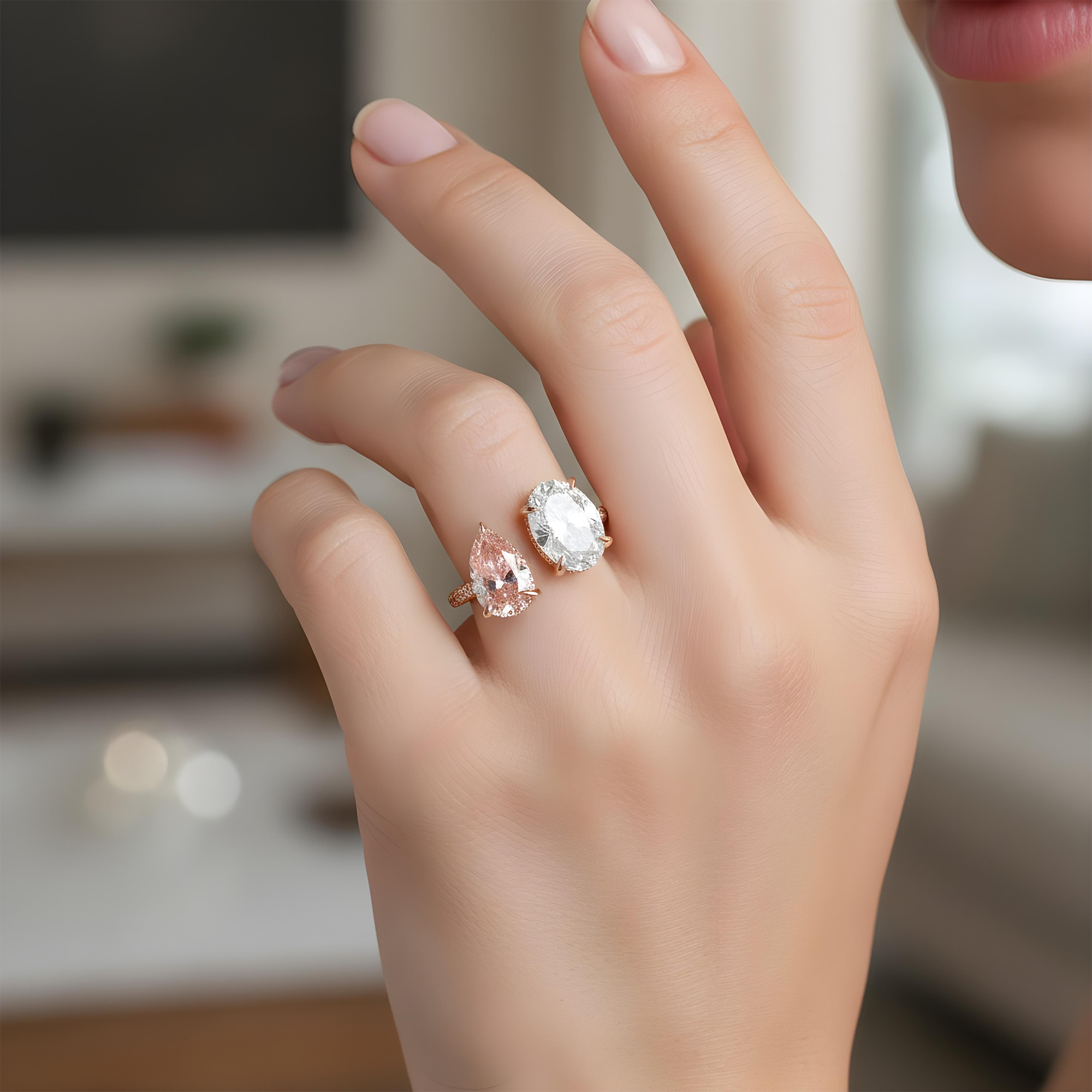 18K White Gold Oval Cut & Fancy Pink Pear Cut Double Diamond Toi et Moi Ring 7.93ctw