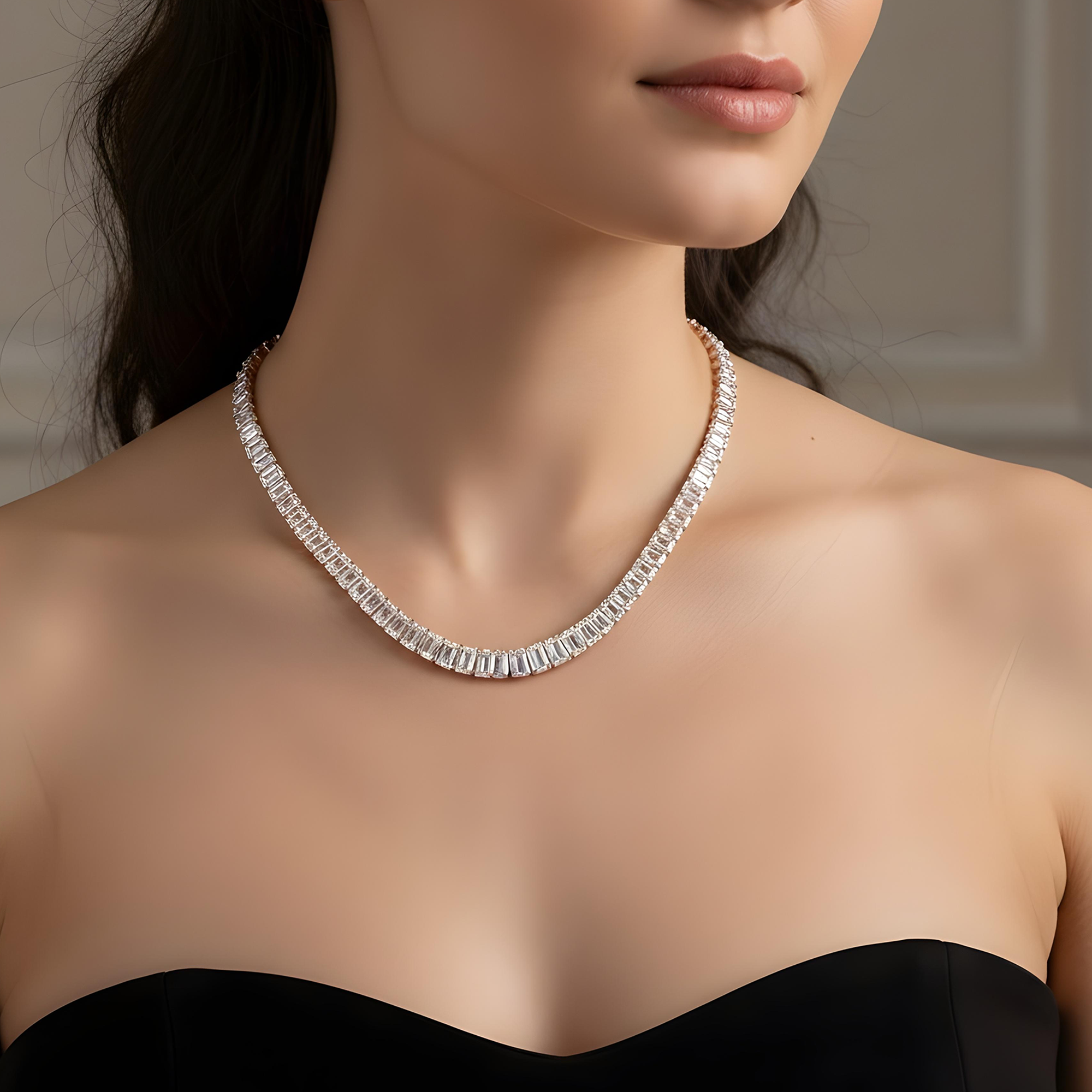 Platinum Graduated Emerald Cut Diamond Tennis Necklace 101.23ct