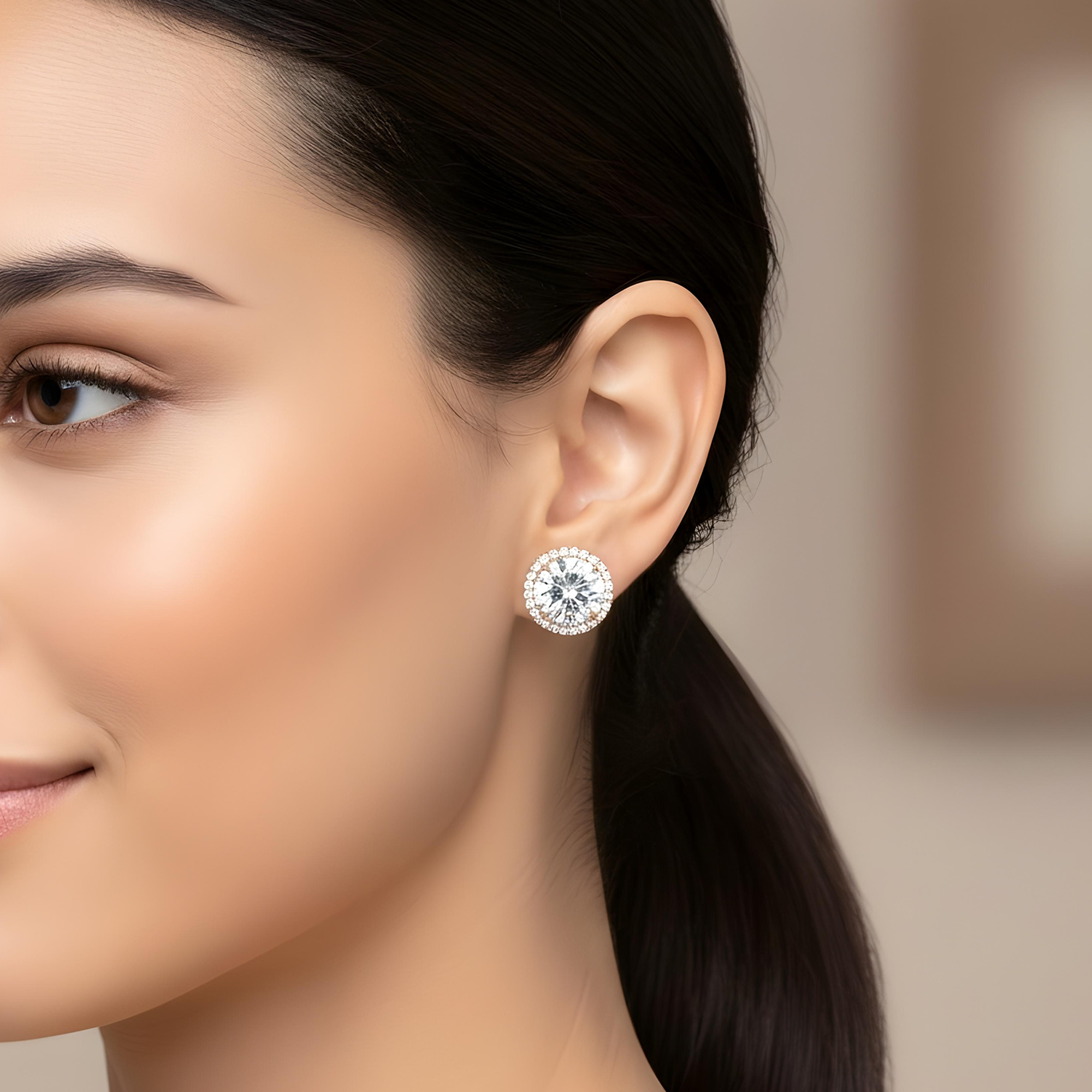18K White Gold 5ct Each Round Diamond Stud Earrings W/ Halo 10.55ctw