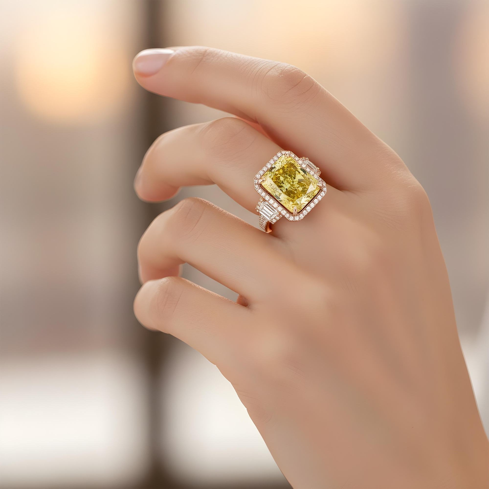 Platinum 12.65ct Radiant Cut Fancy Vivid Yellow Diamond Ring 15.41ctw