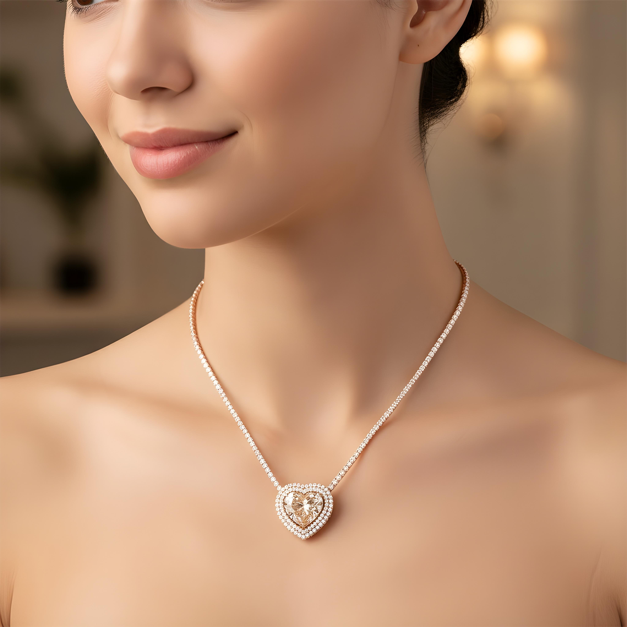 Platinum & 14K White Gold Heart Cut Fancy Pink Diamond Necklace 11.23ct