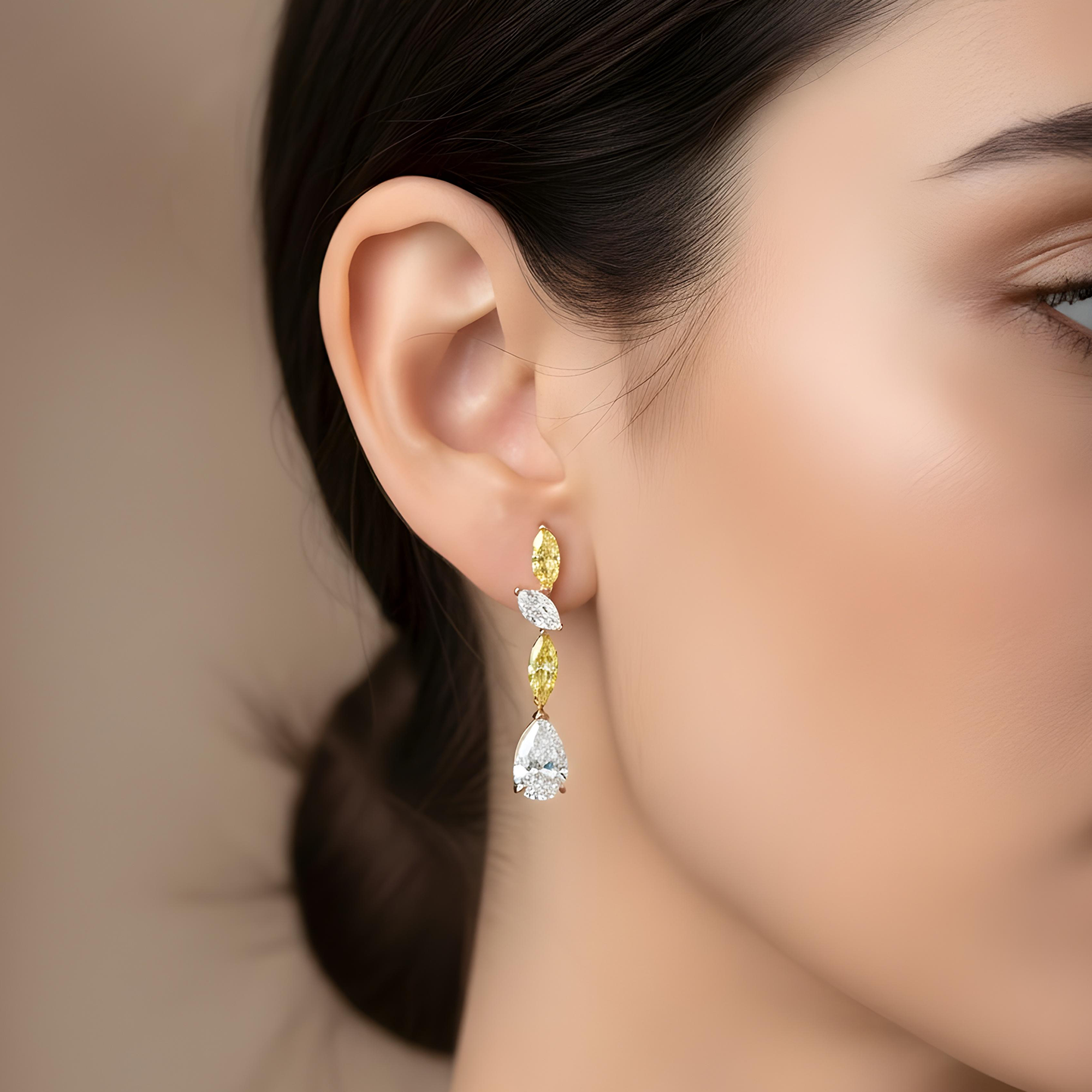 14K Two Tone White & Fancy Yellow Diamond Drop Earrings 7.33ct