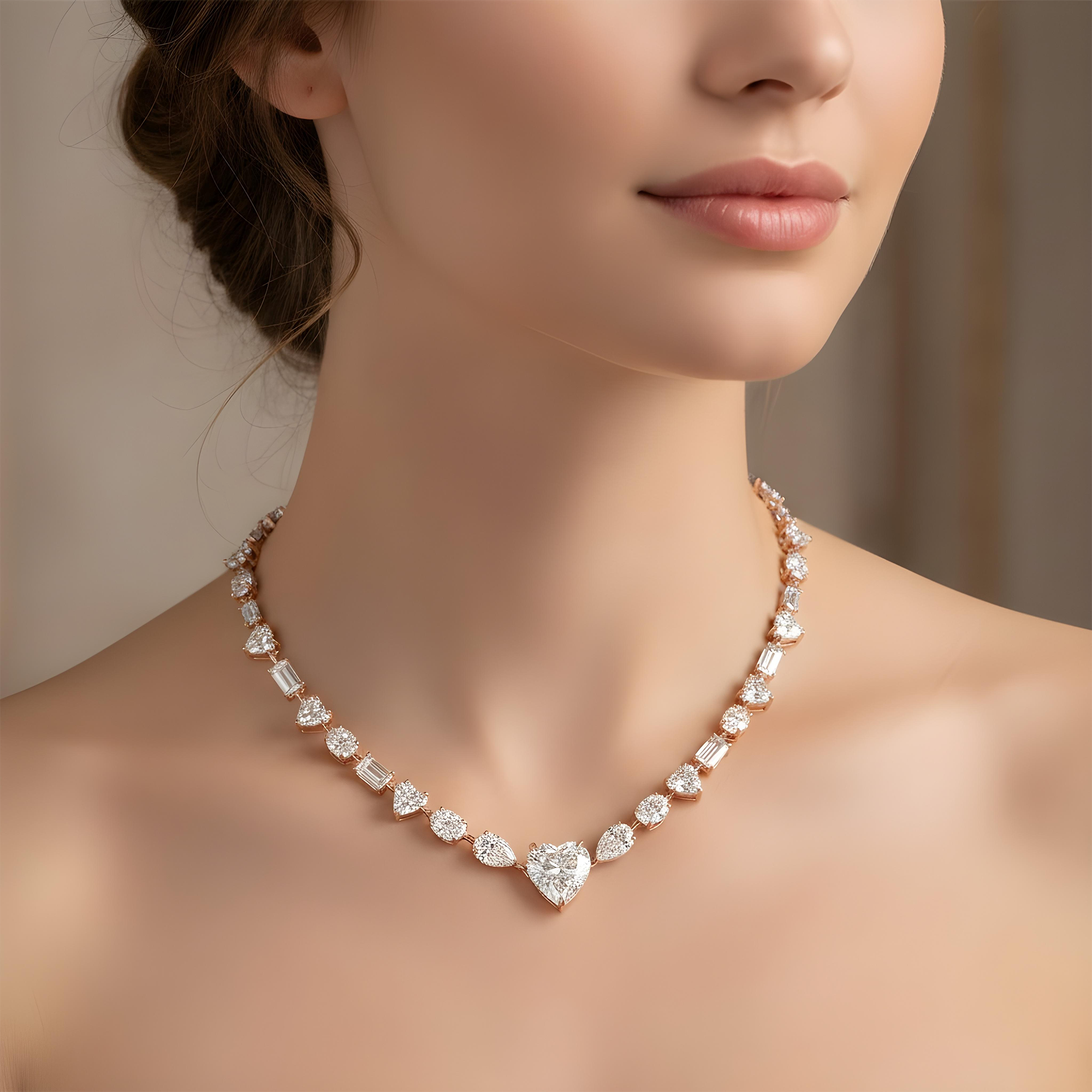 IGI 14K White Gold Heart, Oval & Emerald Cut Diamond Necklace 42.56ct