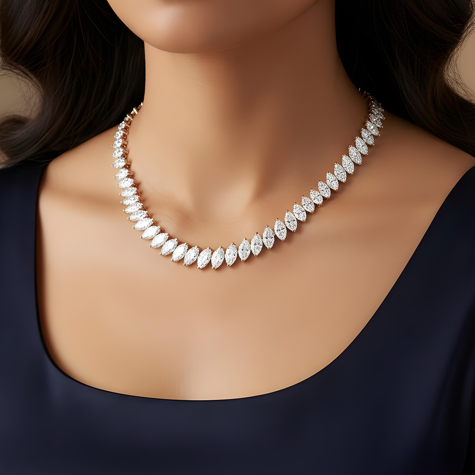 14K White Gold Graduated Marquise Cut Diamond Tennis Necklace 26.59ct