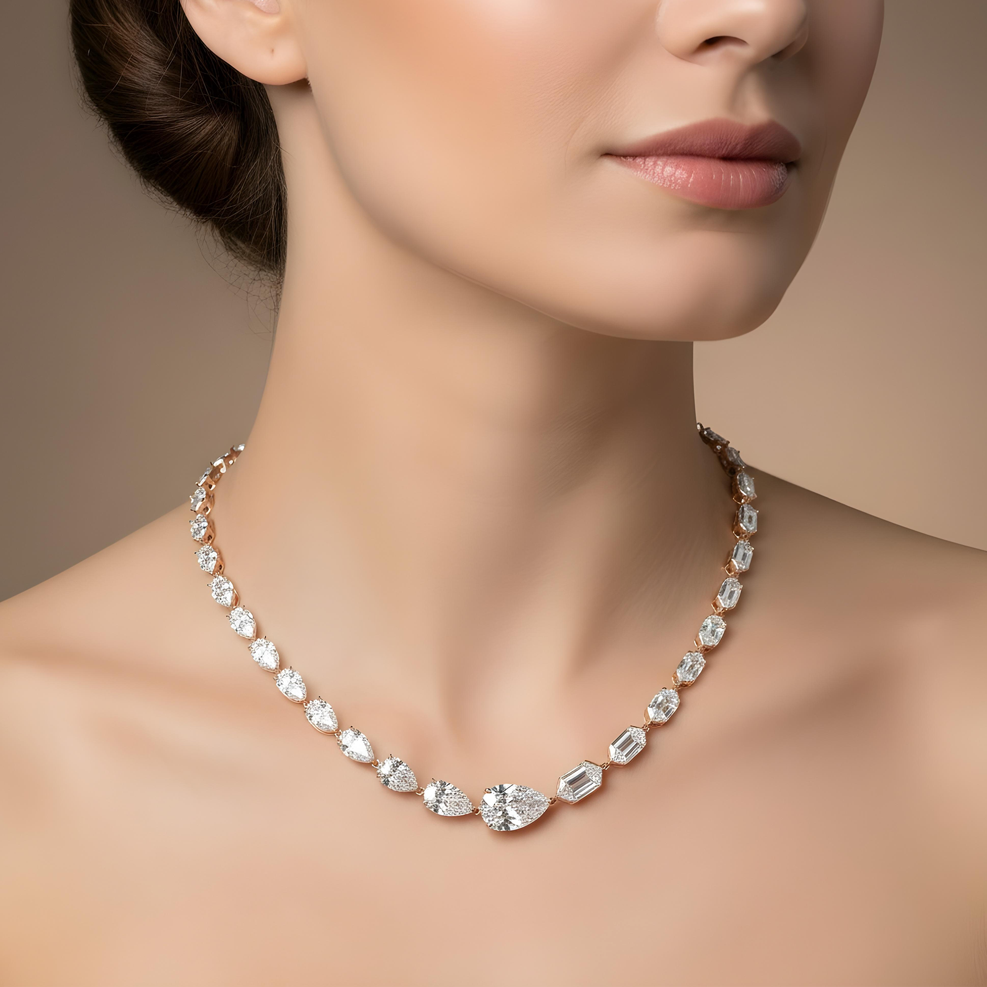 14K White Gold Step Cut Hexagon & Pear Diamond Chain 33.26ct
