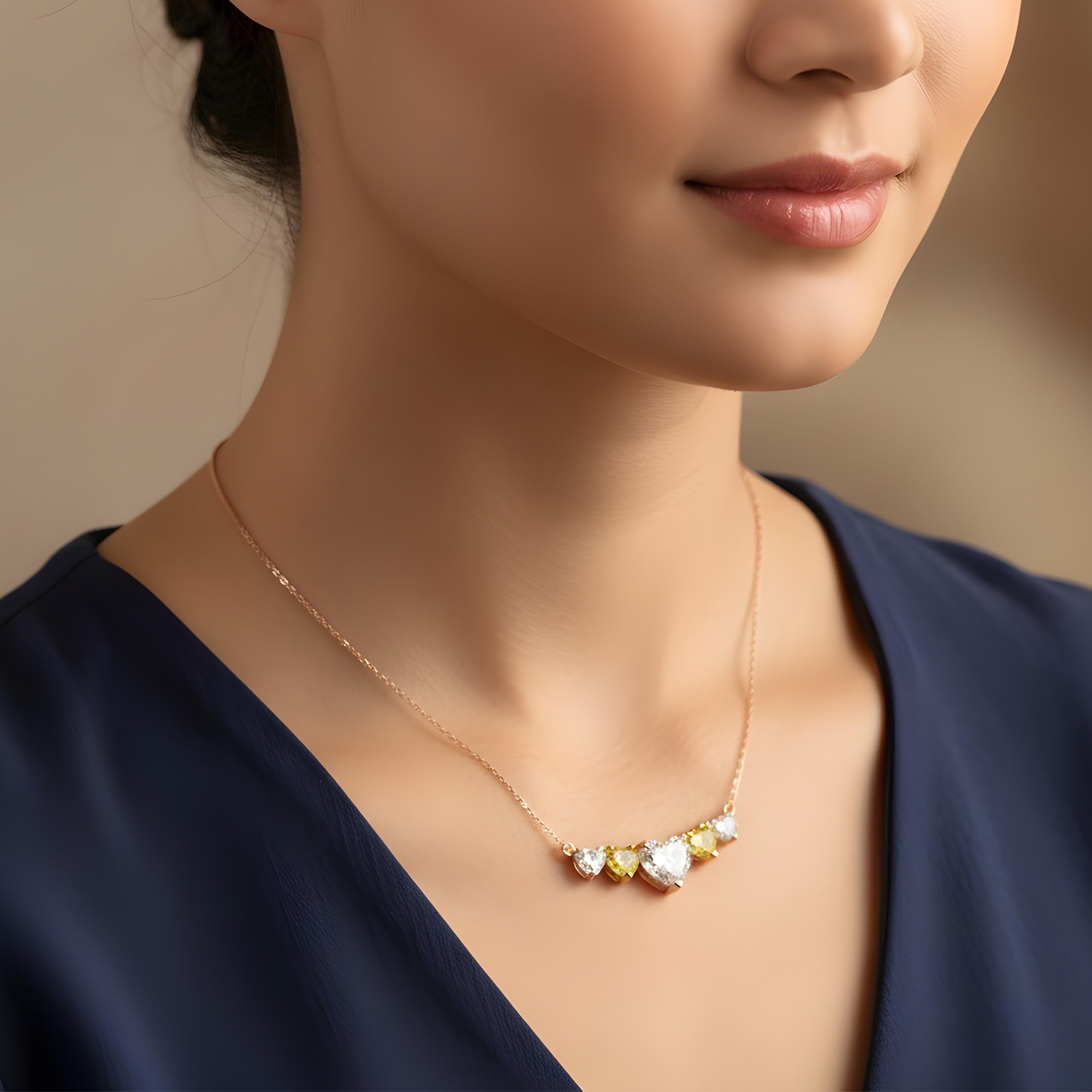 14K Two Tone Heart Cut White & Fancy Yellow Diamond Bar Necklace 3.20ct