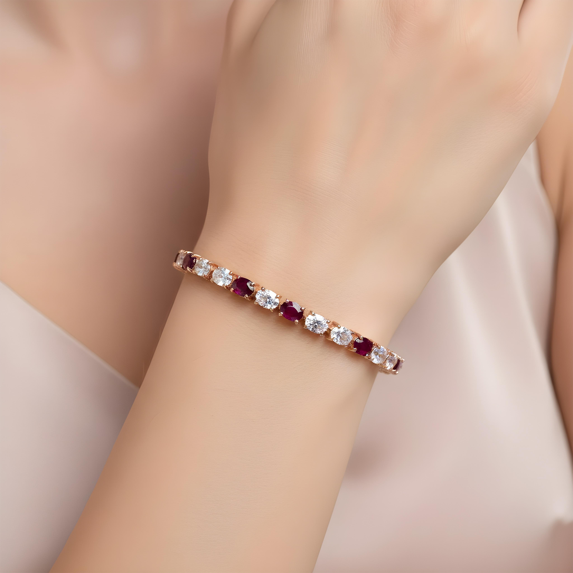18K Yellow Gold Oval Cut Ruby & Diamond Tennis Bracelet 8.75ctw