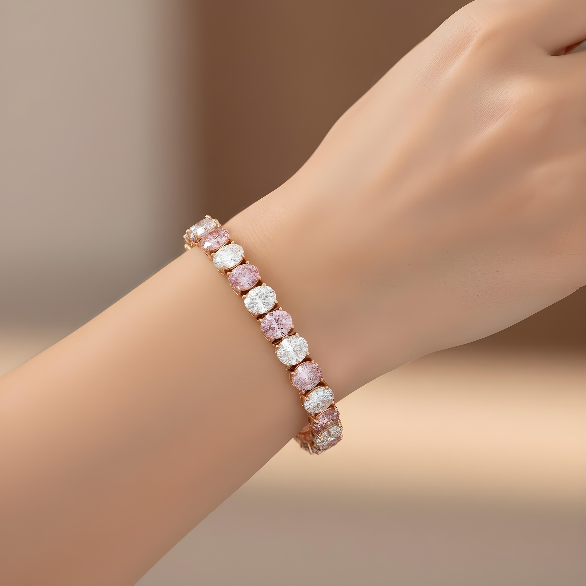 14K White Gold Oval Cut White & Fancy Pink Diamond Bracelet 37.57ct
