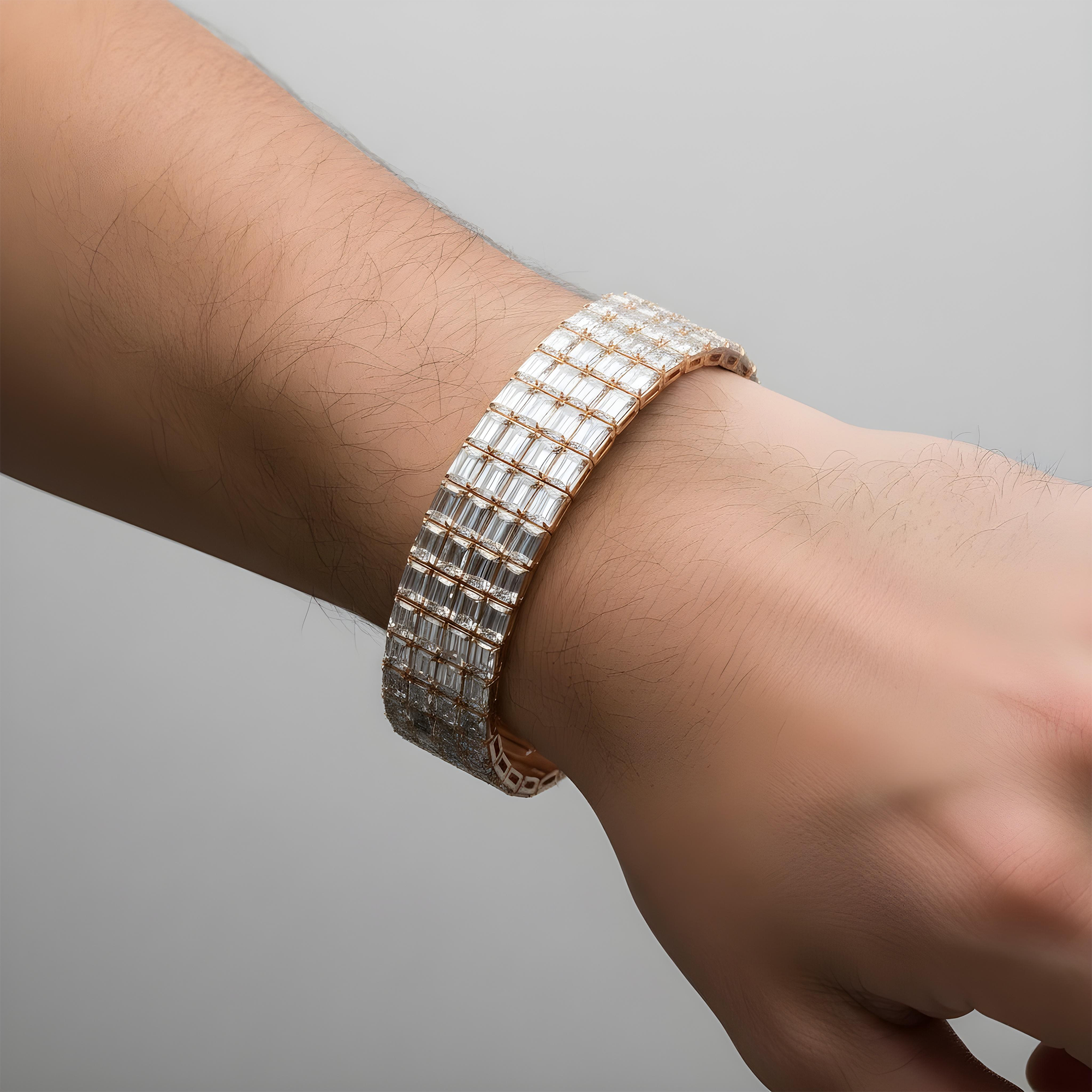 14K White Gold 4 Row Emerald Cut Diamond Bracelet 115.98ct