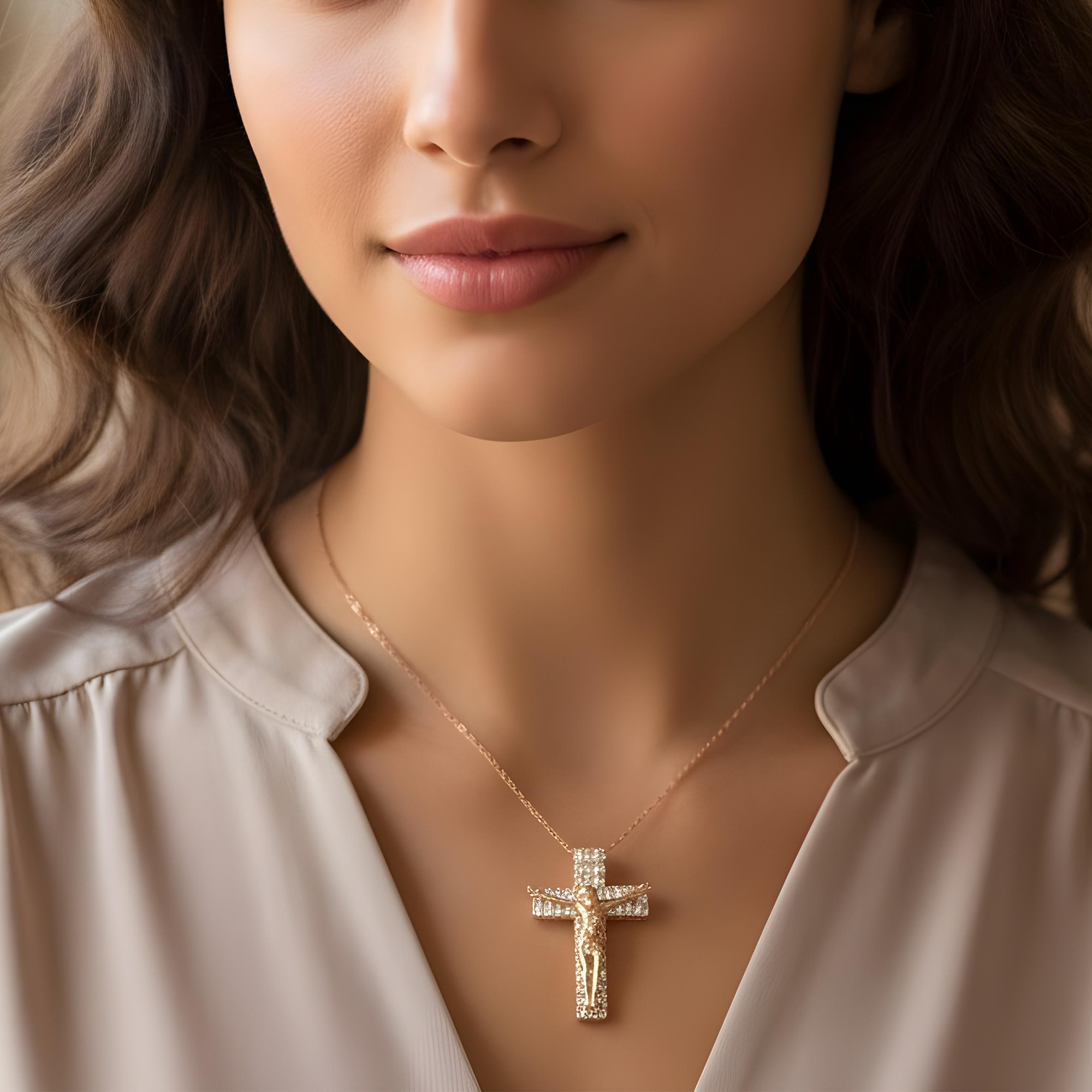 14K White Gold Emerald & Round Diamond Jesus Cross Pendant 9.82ct