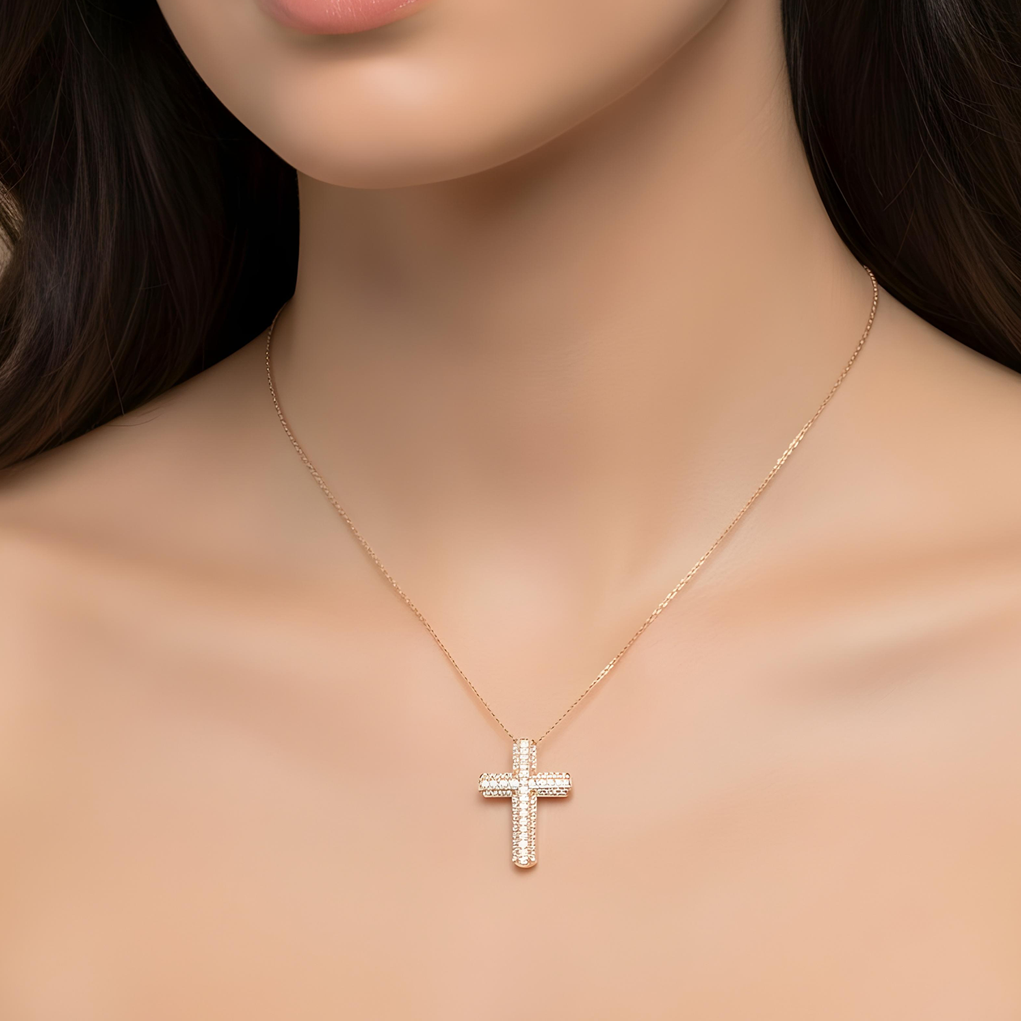 14K White Gold Triple Row Round Diamond Cross Pendant 0.71ct