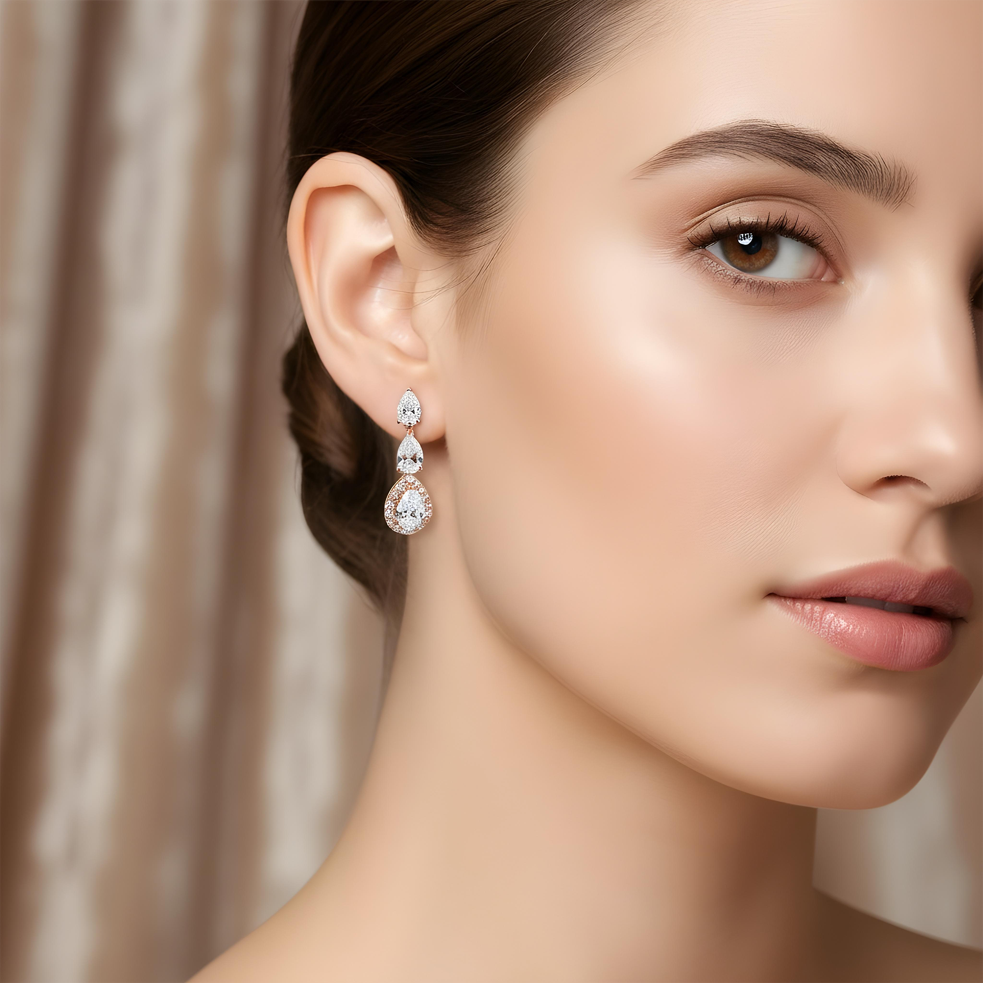 White Gold Pear Cut Diamond Triple Tier Drop Earrings 2.74ctw