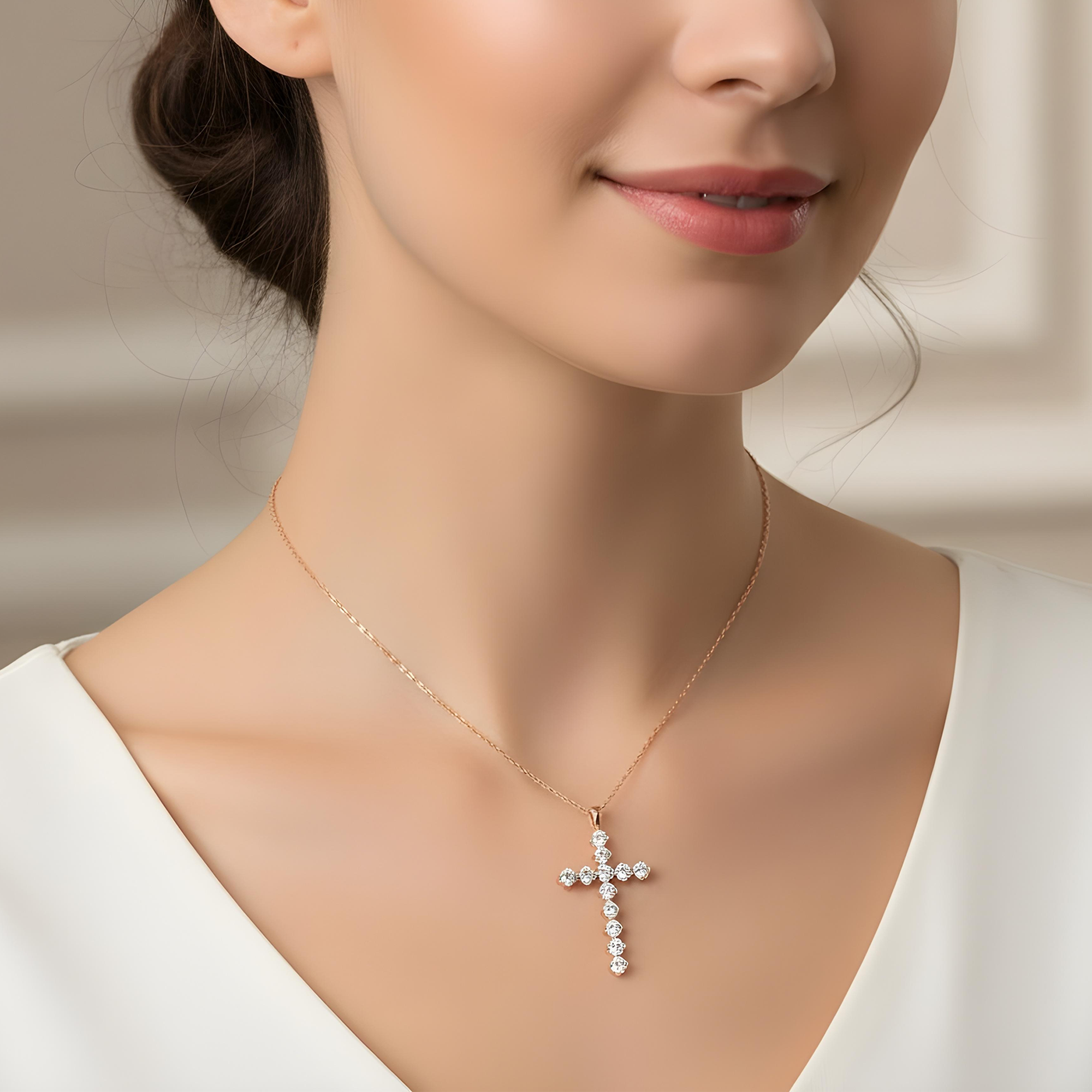 White Gold Round Diamond Cross Pendant & Chain Necklace 1.47ct