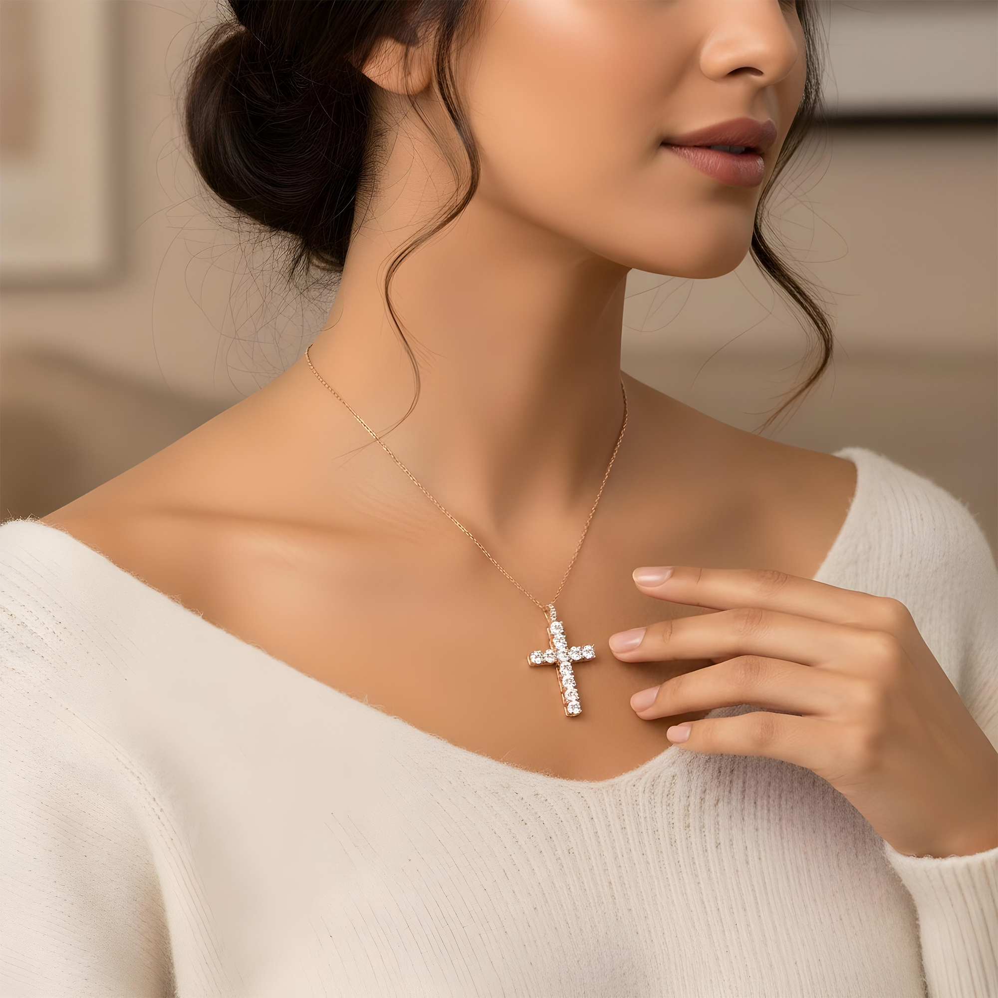 White Gold Round Diamond Cross Pendant & Chain Necklace 3.45ct