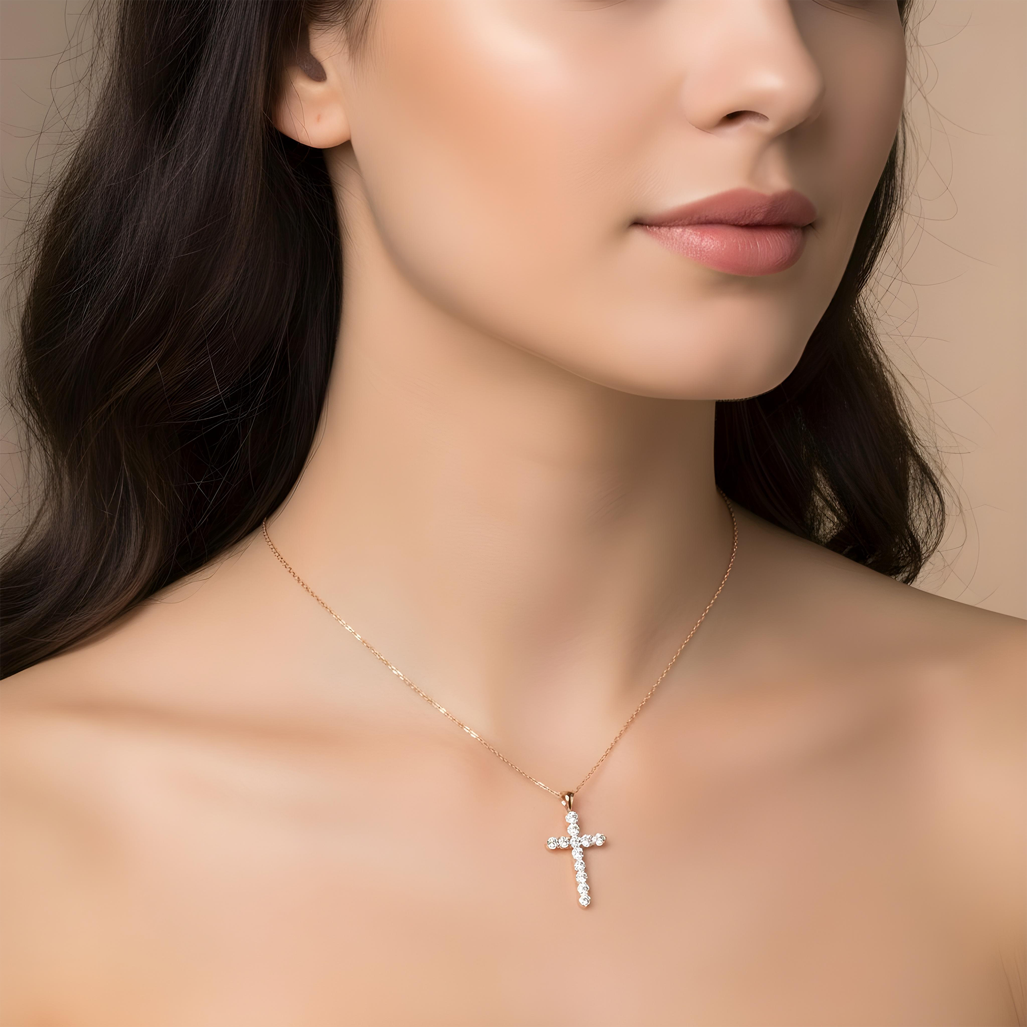 White Gold Round Diamond Cross Pendant & Chain Necklace 1.12ct