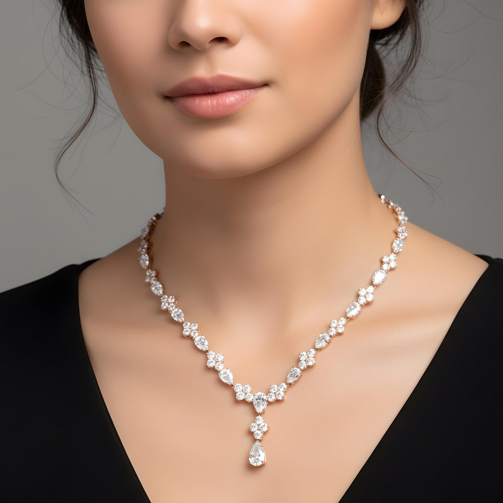 18K White Gold Round & Pear Cut Diamond Drop Necklace 52.43ct