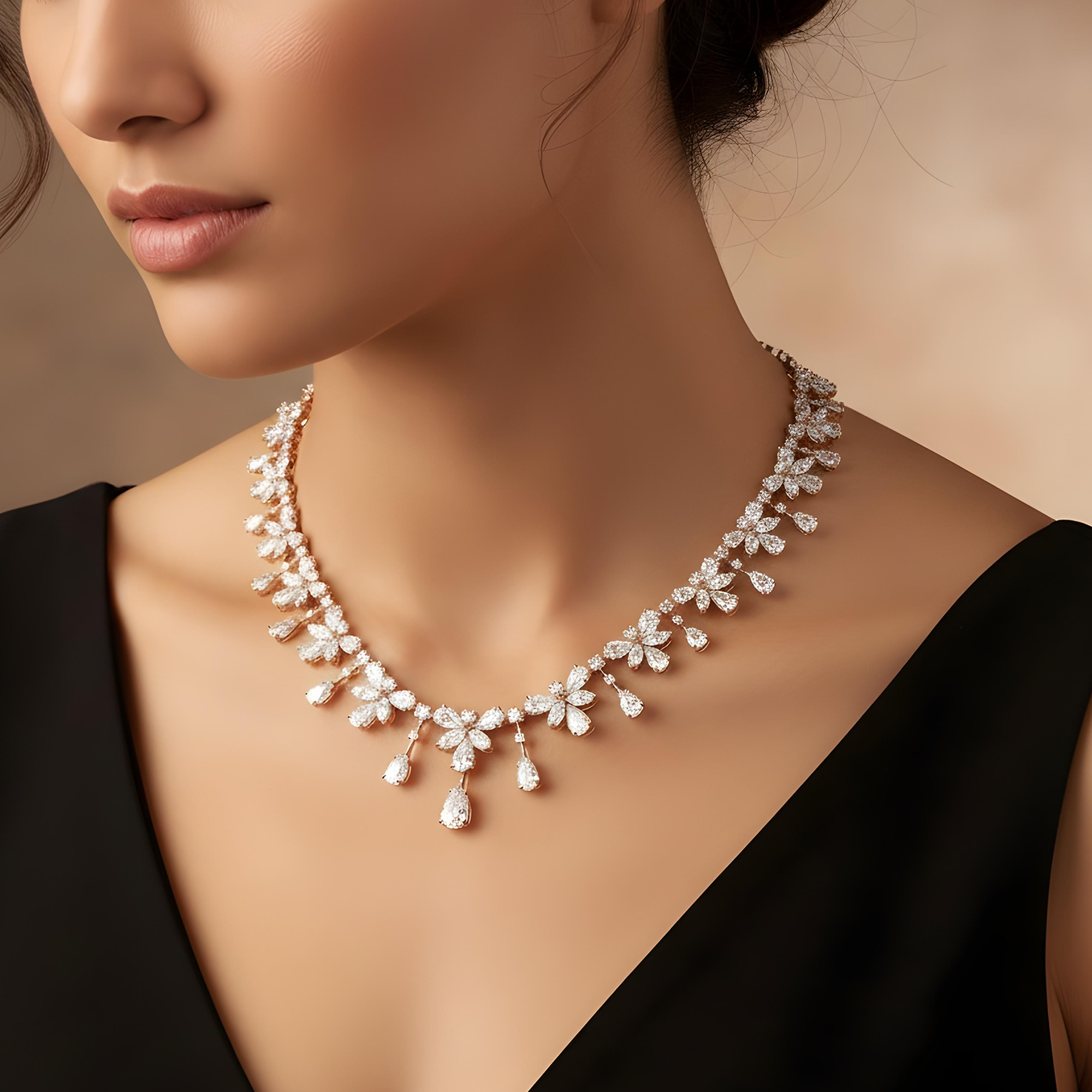 18K White Gold Round & Pear Cut Diamond Necklace 85.85ct
