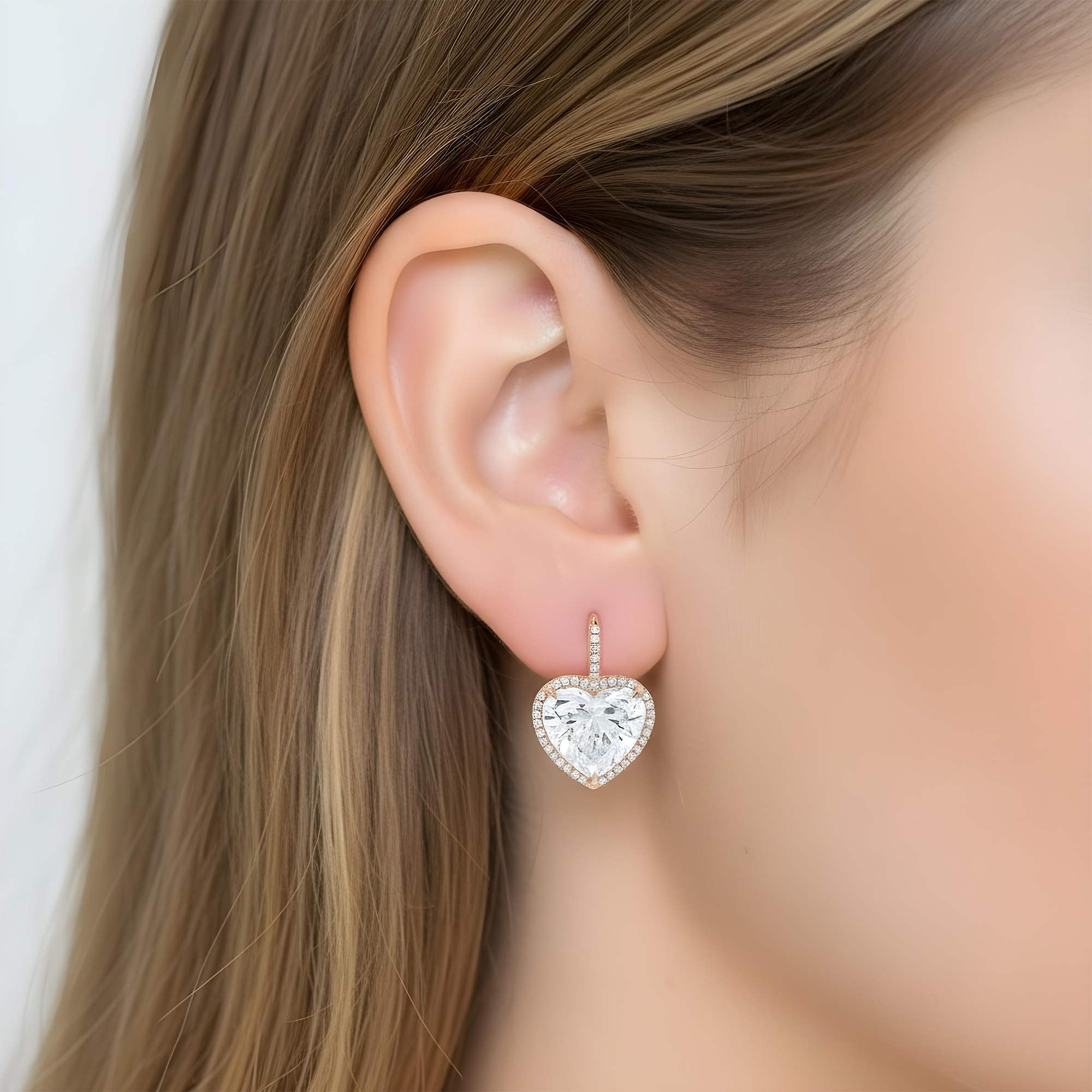 18K White Gold Heart Diamond Earrings w/ a Halo 10.71ctw