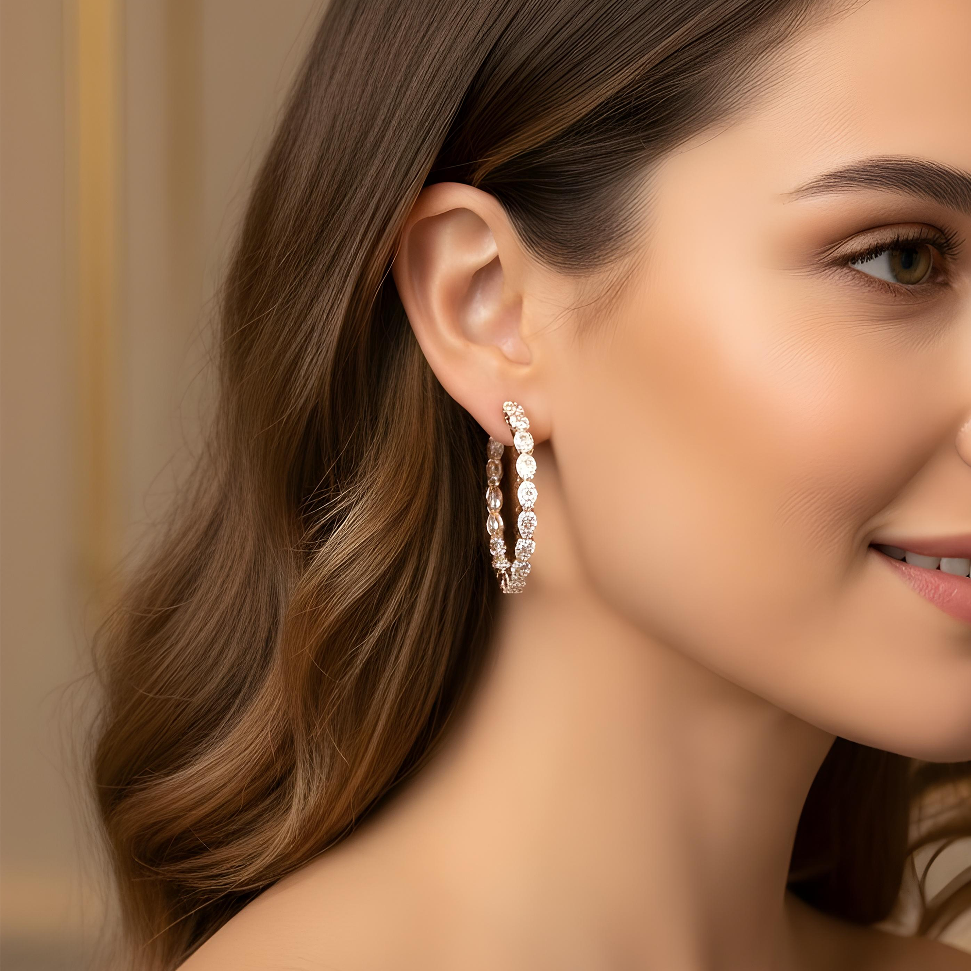 14K White Gold Oval Diamond Inside Out Diamond Hoops Earrings 9.60ctw