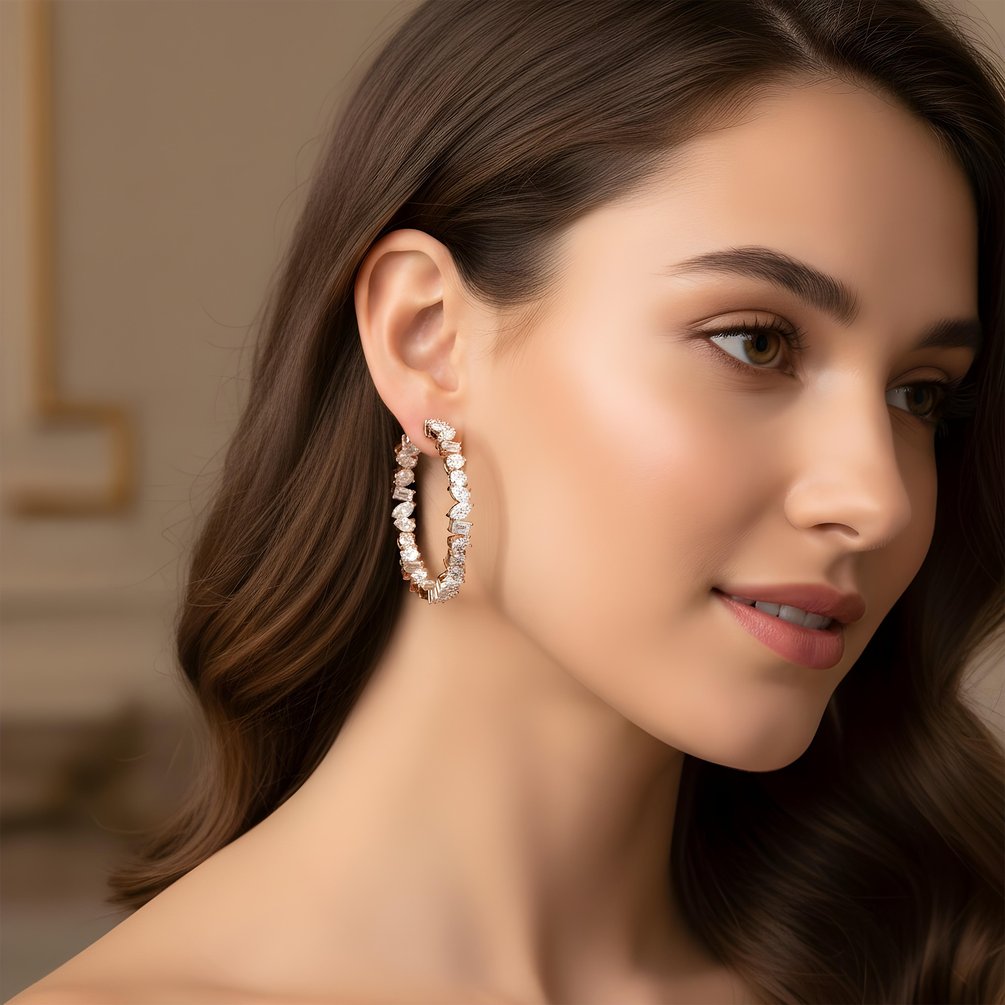 14K White Gold Commination Cut Diamond Inside Out Hoop Earrings 10.66ctw