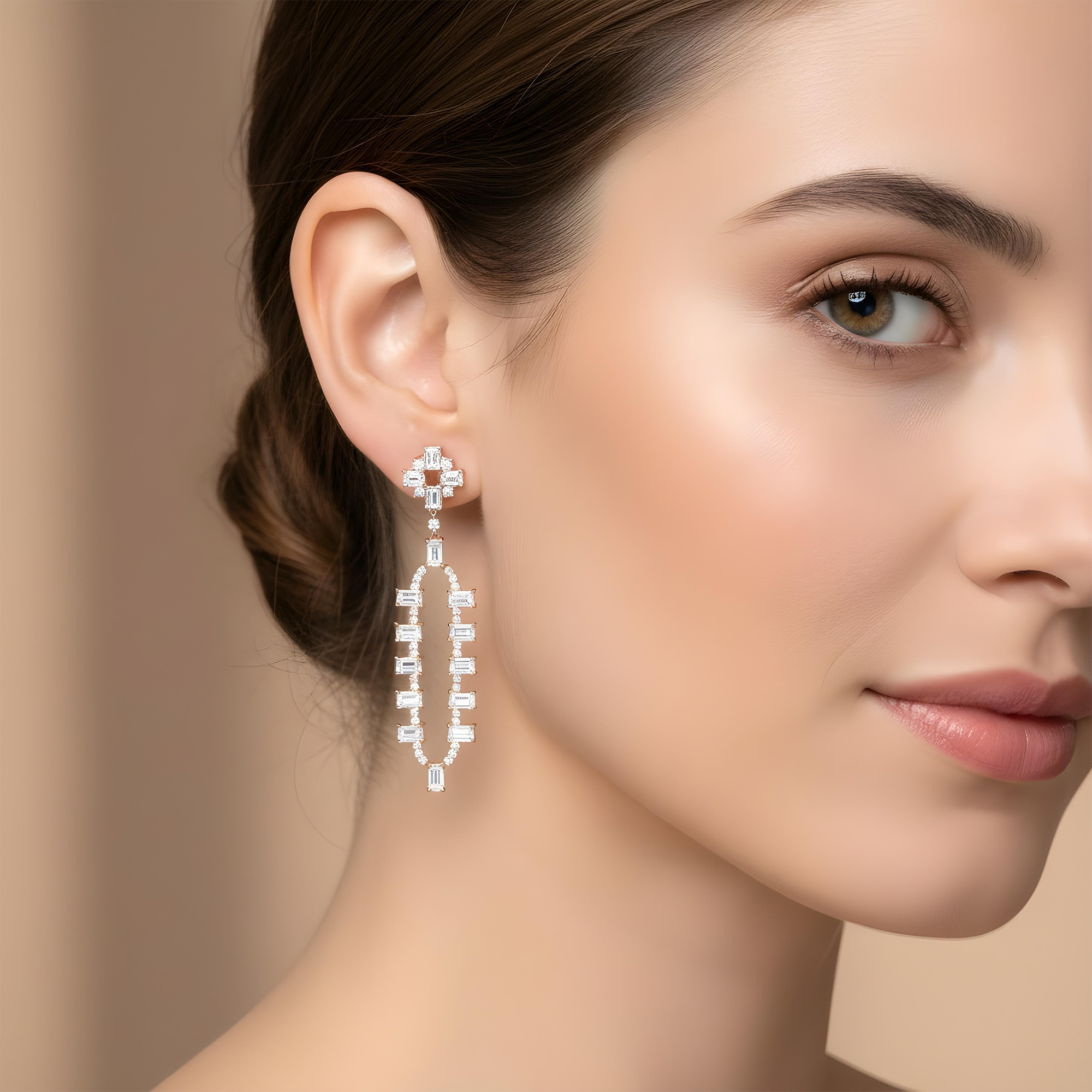 18K White Gold Emerald Cut Diamond Geometric Drop Earrings 9.51ct