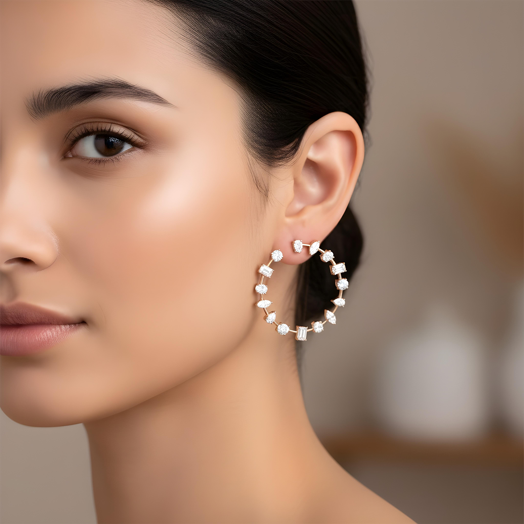 14K White Gold Multi-Cut Satellite Diamond Hoops 9.58ctw