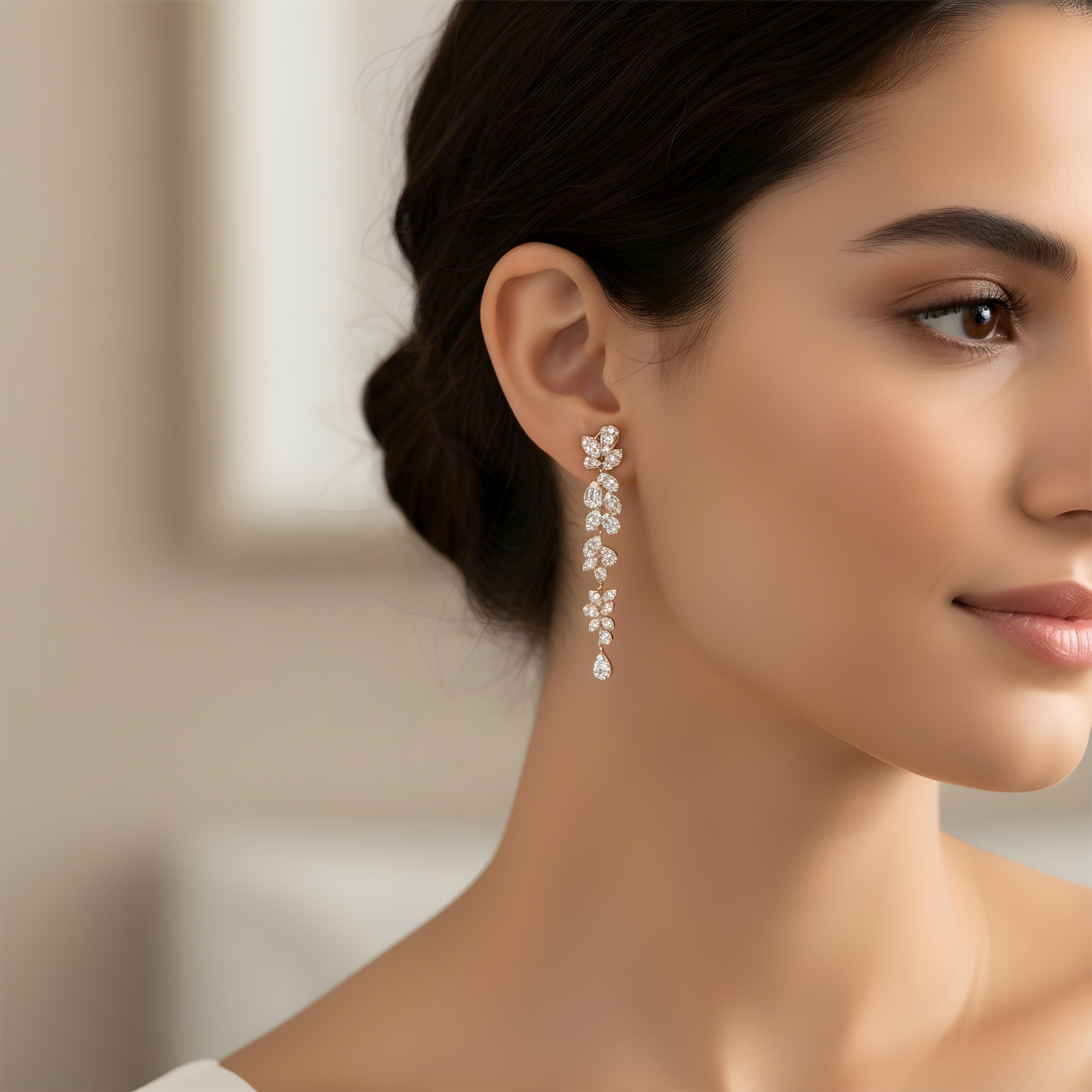 14K White Gold Flower Vine Diamond Drop Earrings 2.83ctw