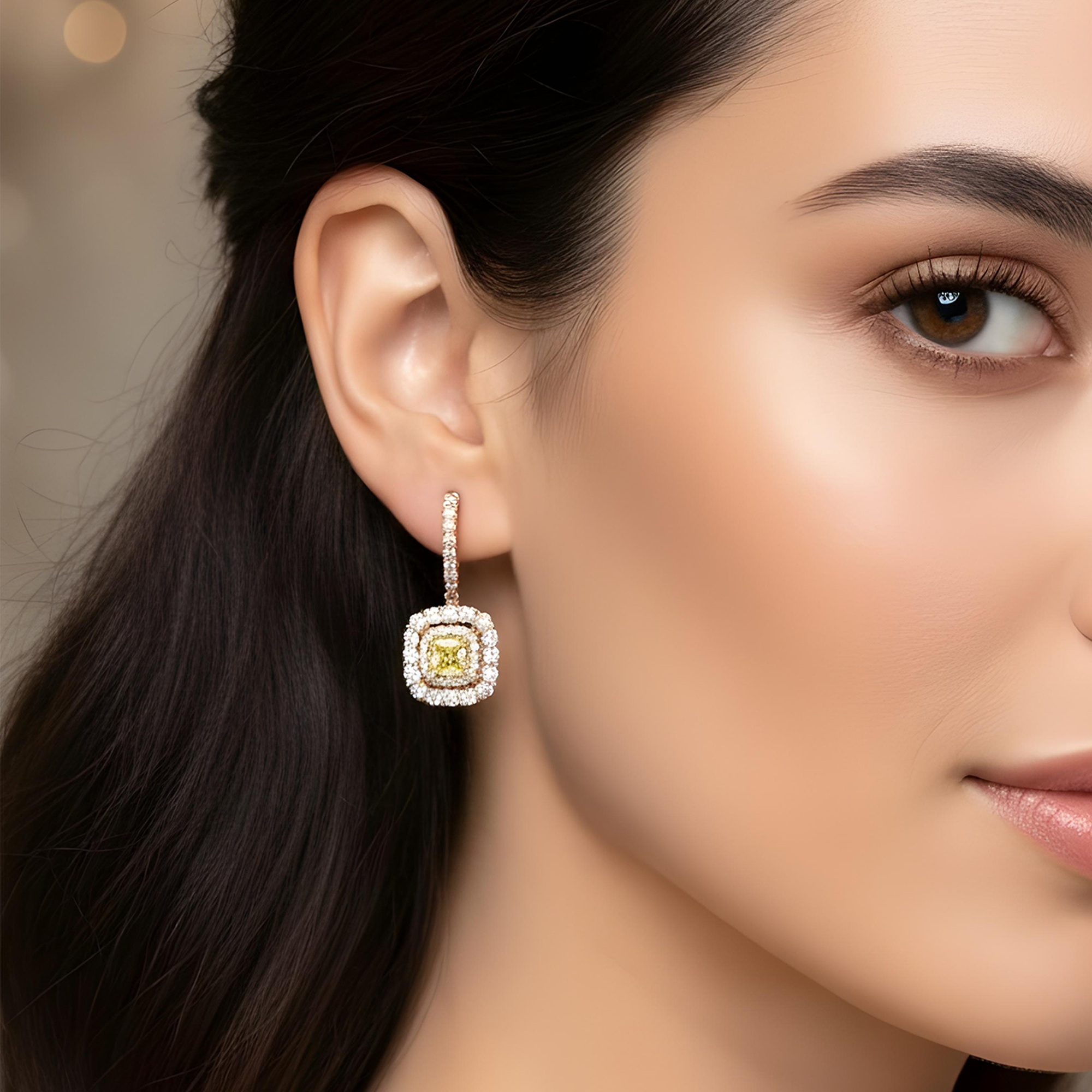 14K White Gold Cushion Cut Canary Yellow Diamond Drop Earrings 2.87ctw