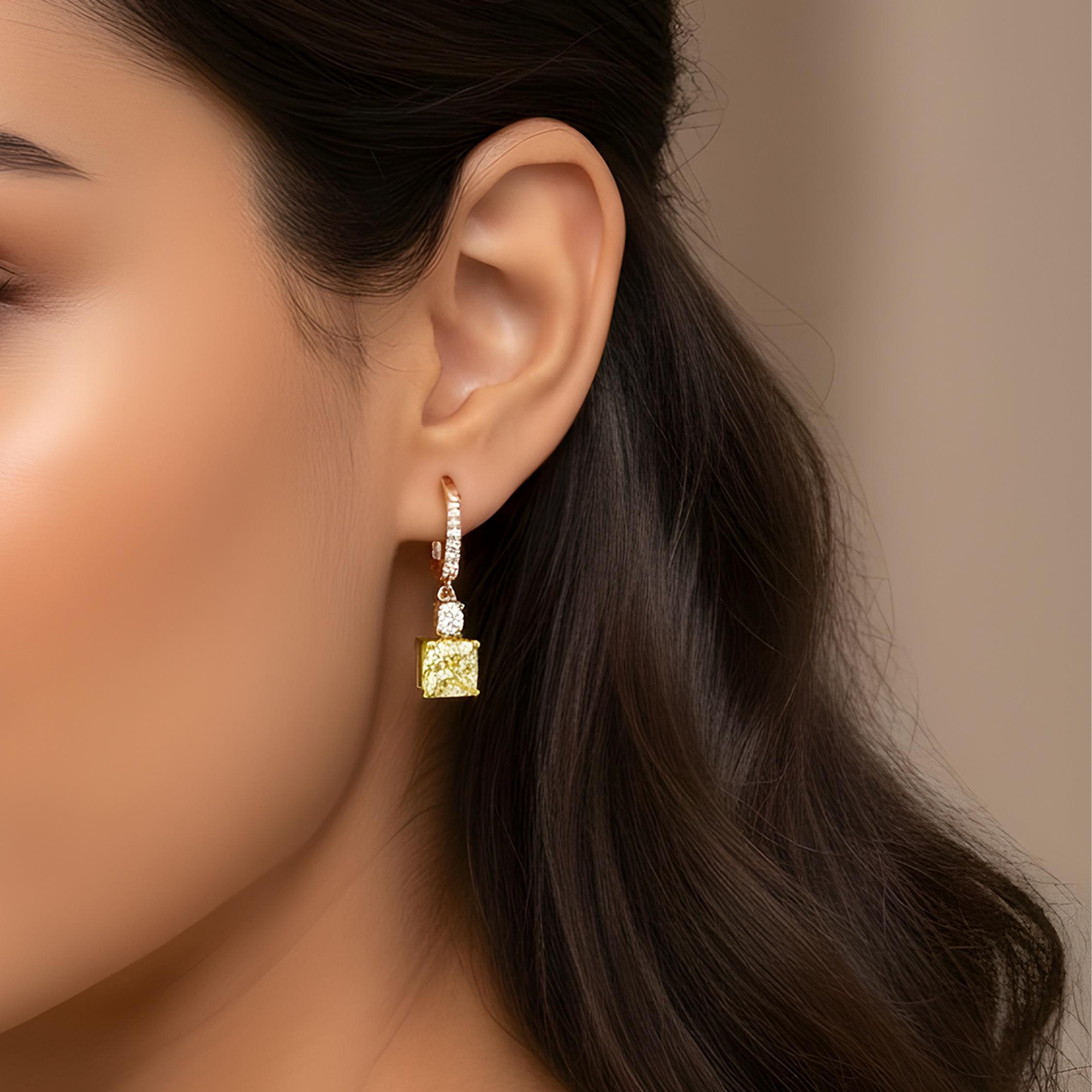 14K Two Tone Cushion Fancy Light Yellow Diamond Drop Earrings 2.54ctw
