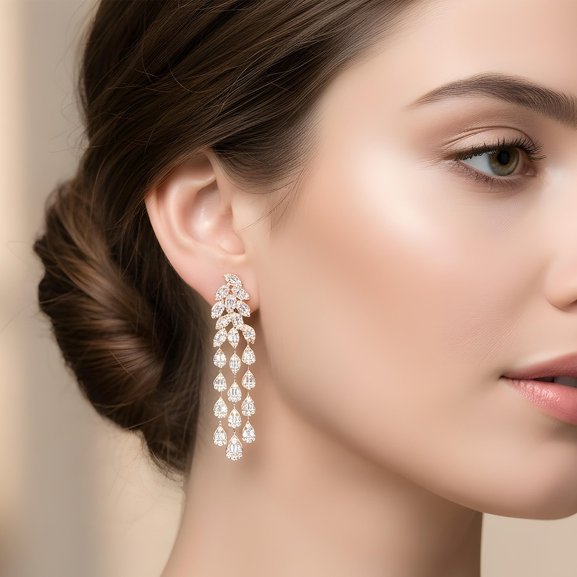 14K White Gold Three Tier Raindrop Diamond Earrings 4.97ctw