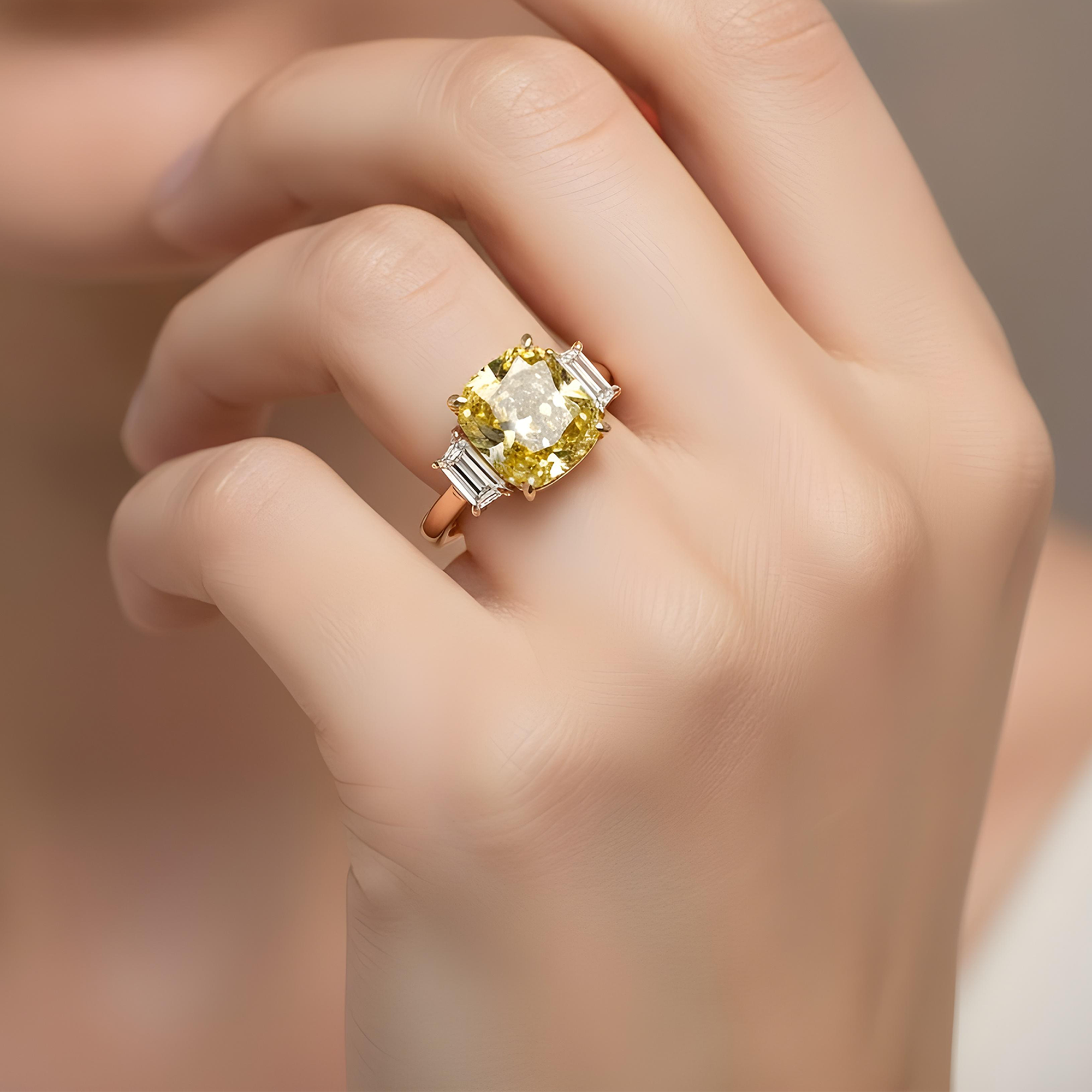 GIA Platinum 5.65ct Cushion Cut Fancy Deep Yellow Diamond Ring 6.21ctw