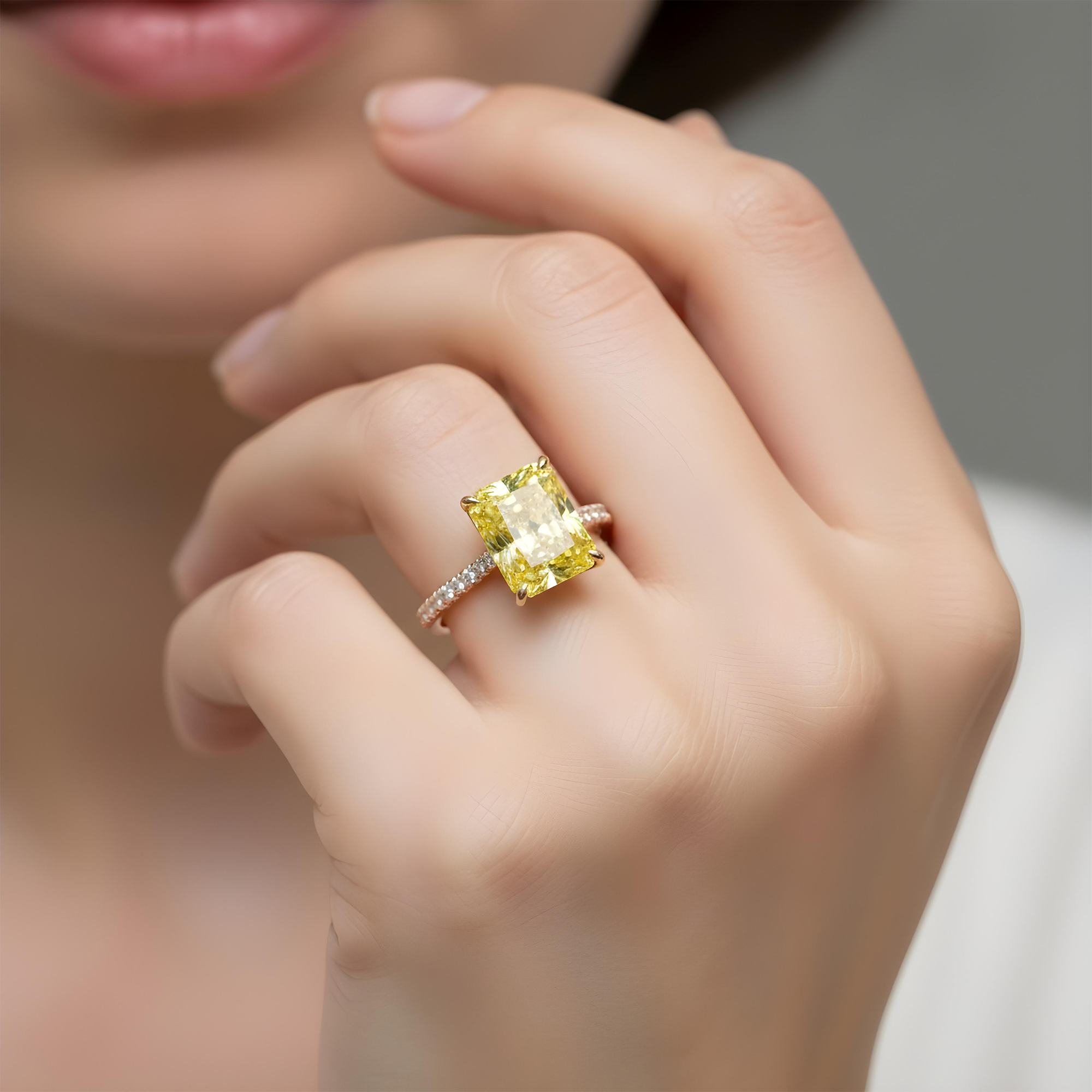 GIA Platinum 8.01ct Radiant Cut Fancy Yellow Diamond Ring 8.46ctw
