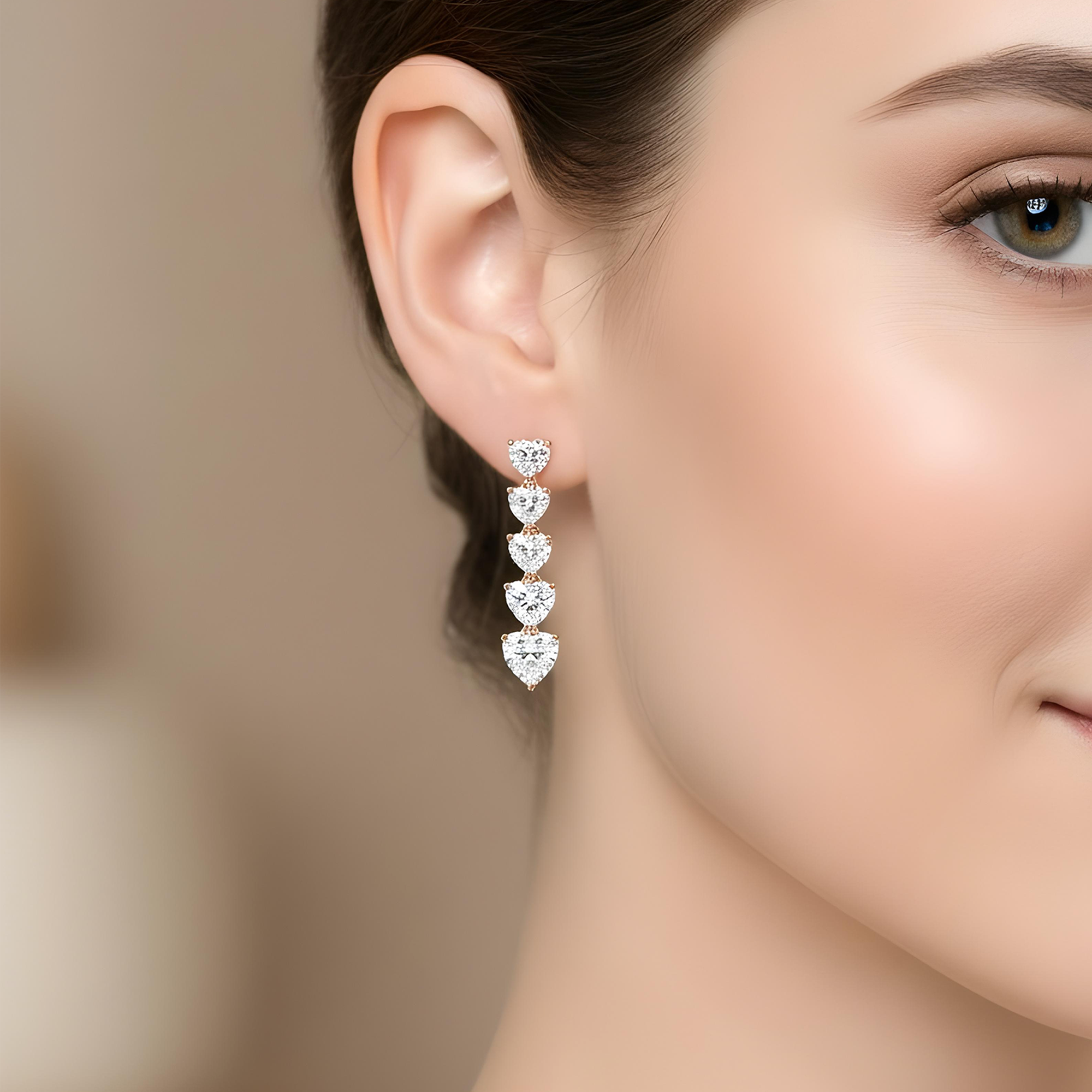 18K White Gold String of Hearts Diamond Drop Earrings 3.98ctw