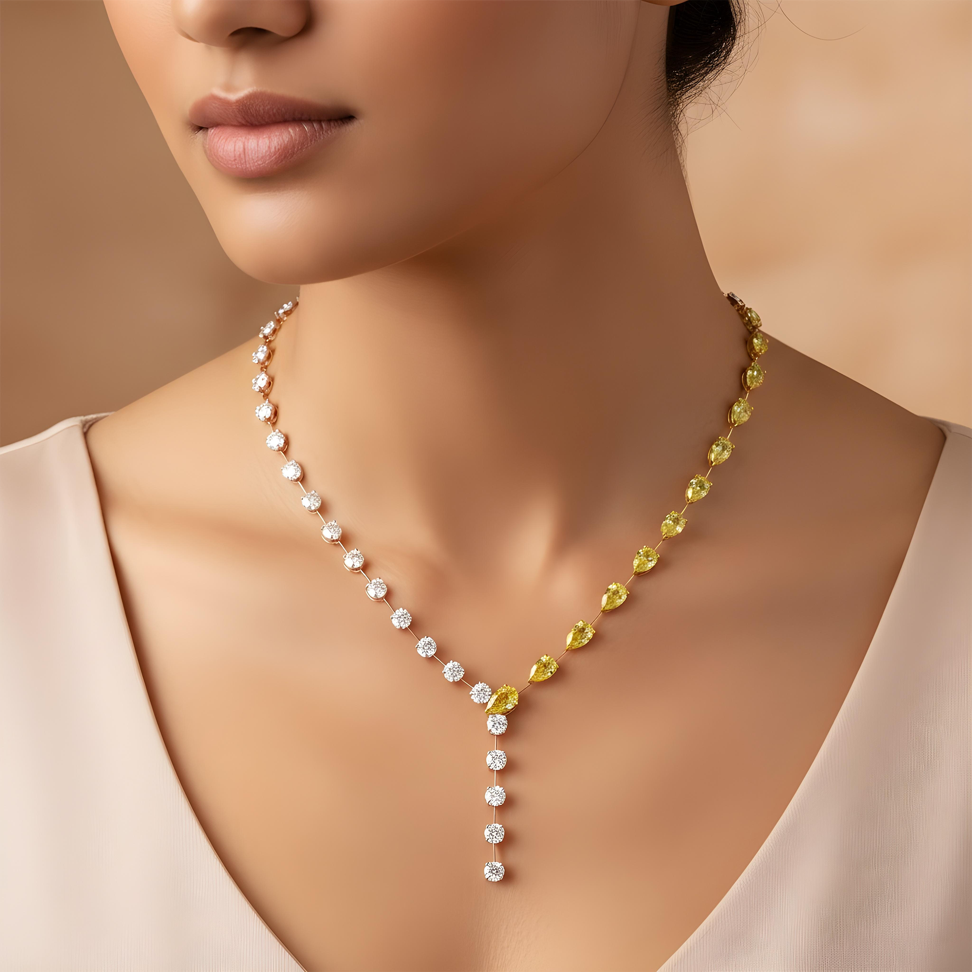 18K Two Tone Fancy Yellow Pear Cut & Round Diamond Adjustable Drop Necklace