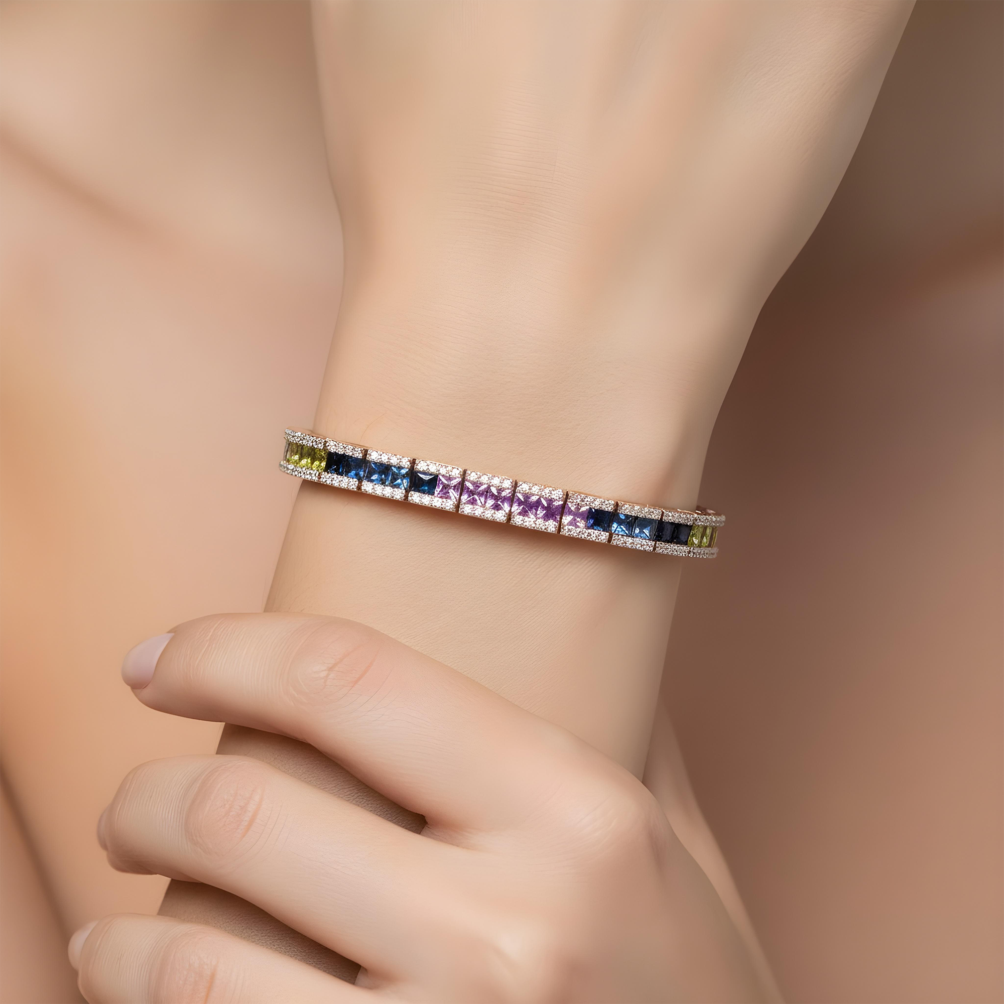14K White Gold Princess Cut Rainbow Gemstone & Diamond Bracelet