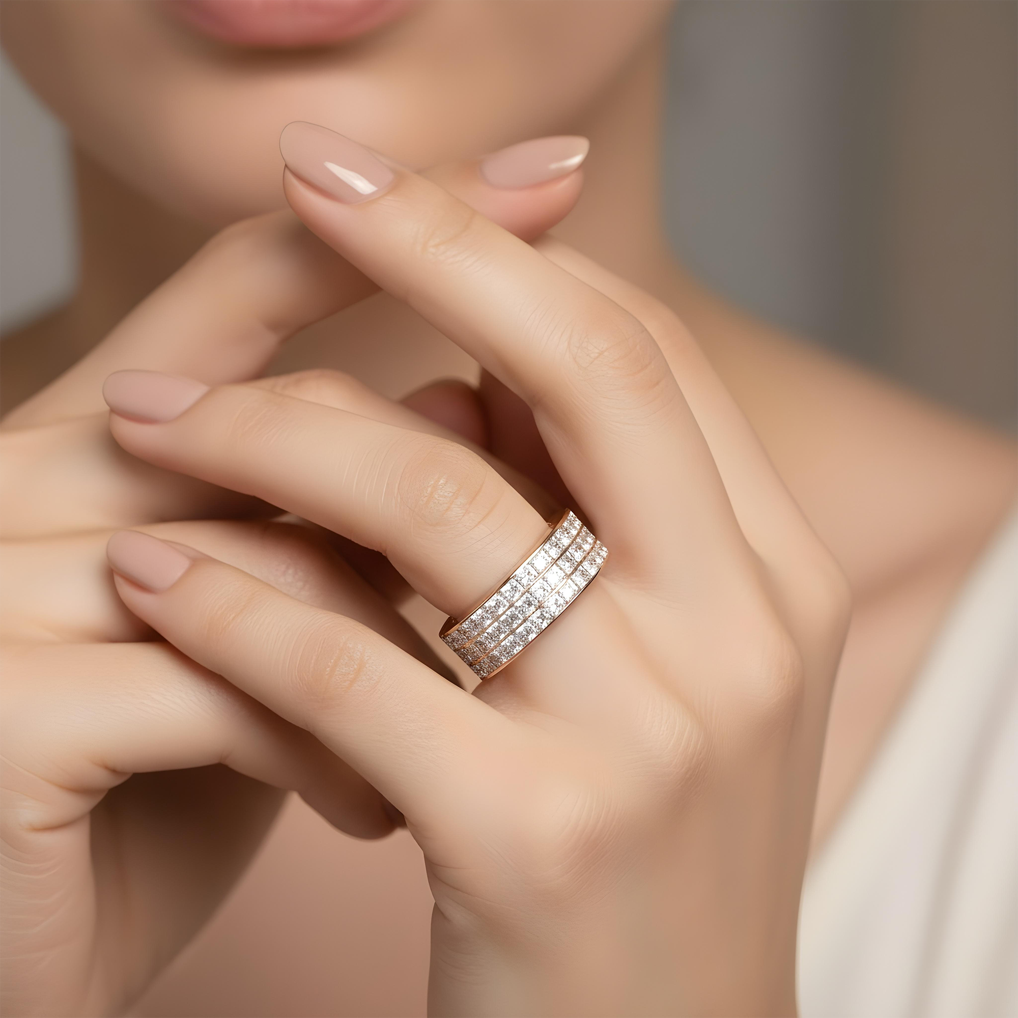 18K Yellow Gold Triple Row Princess Cut Diamond Eternity Ring 6.96ct