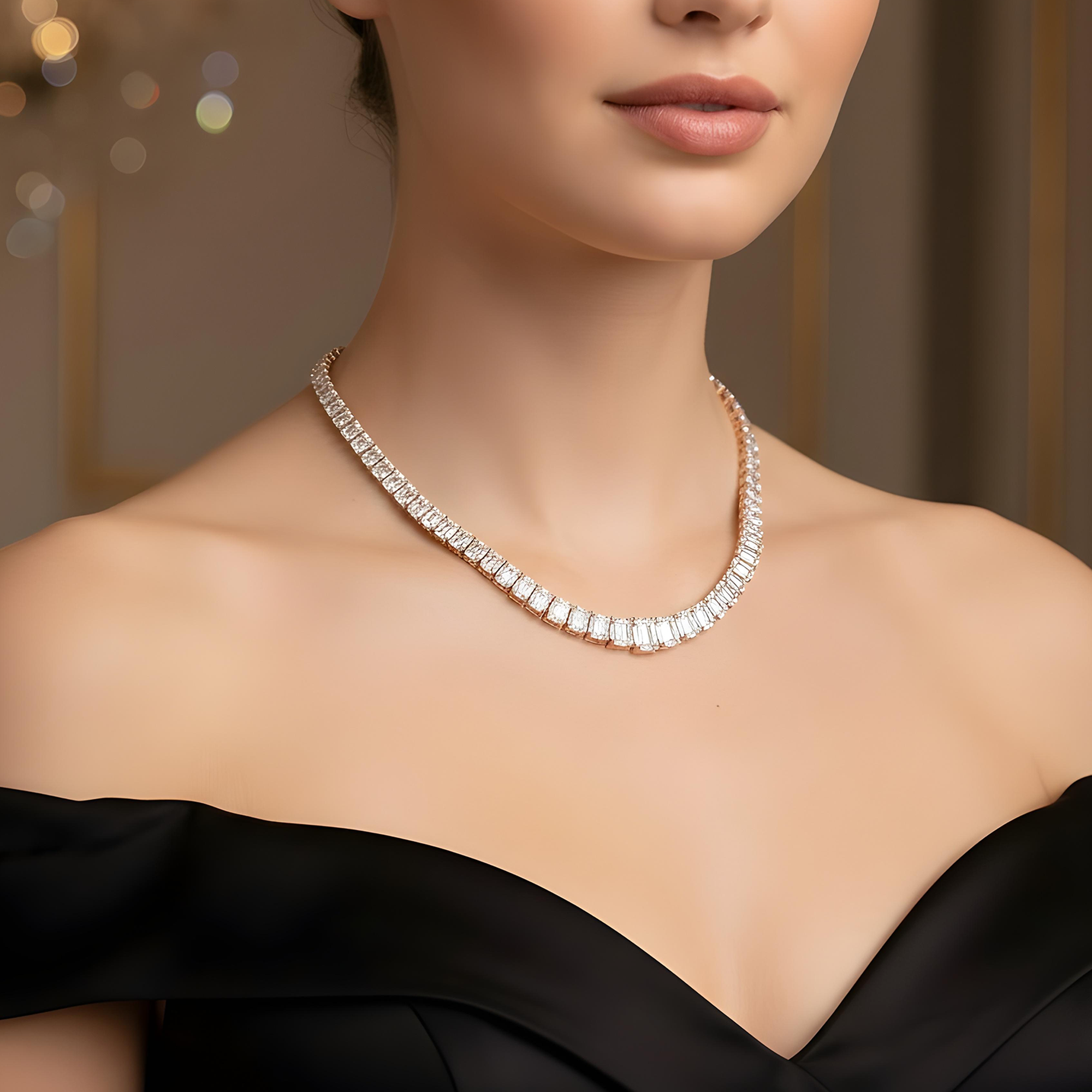 14K White Gold Graduated Emerald Cut Diamond Chain 58.64ct