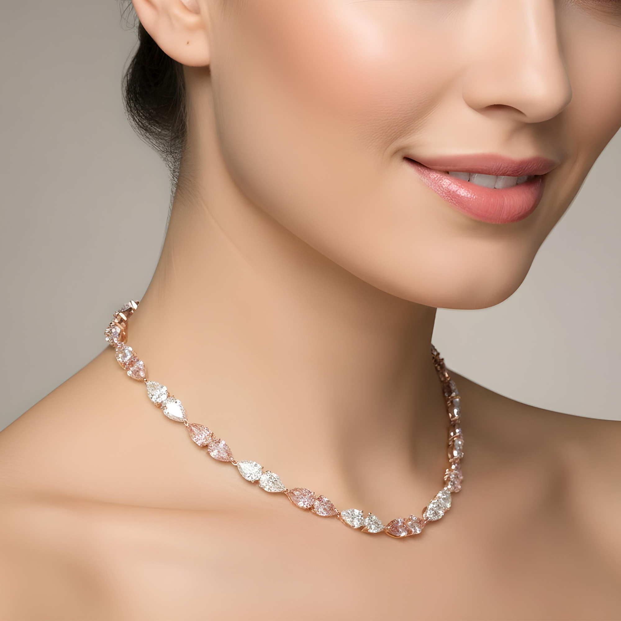 18K White Gold Pear Cut White & Fancy Pink Diamond Necklace 36.46ct