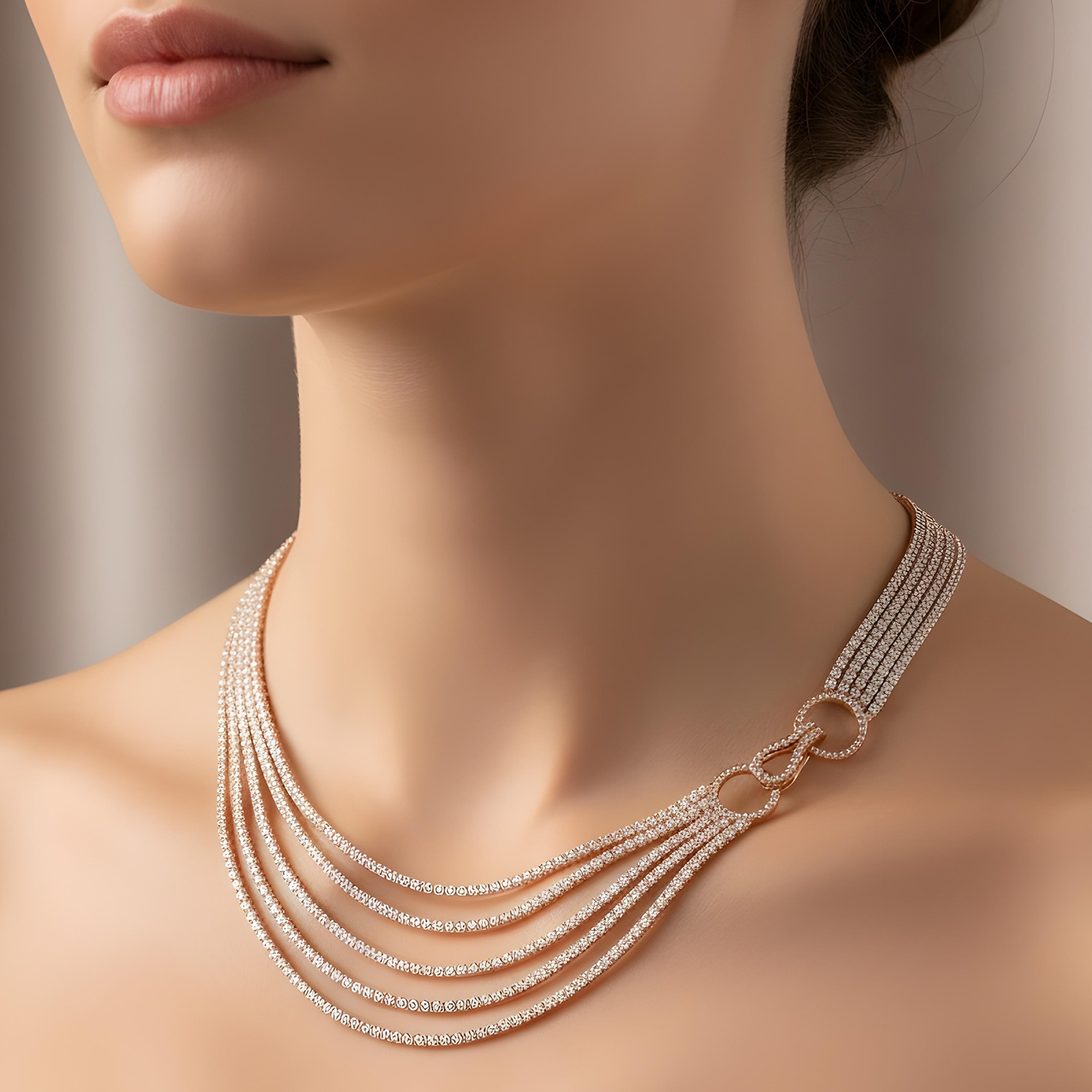 18K White Gold Five Layer Round Diamond Necklace W/ Unique Clasp 35.49ct