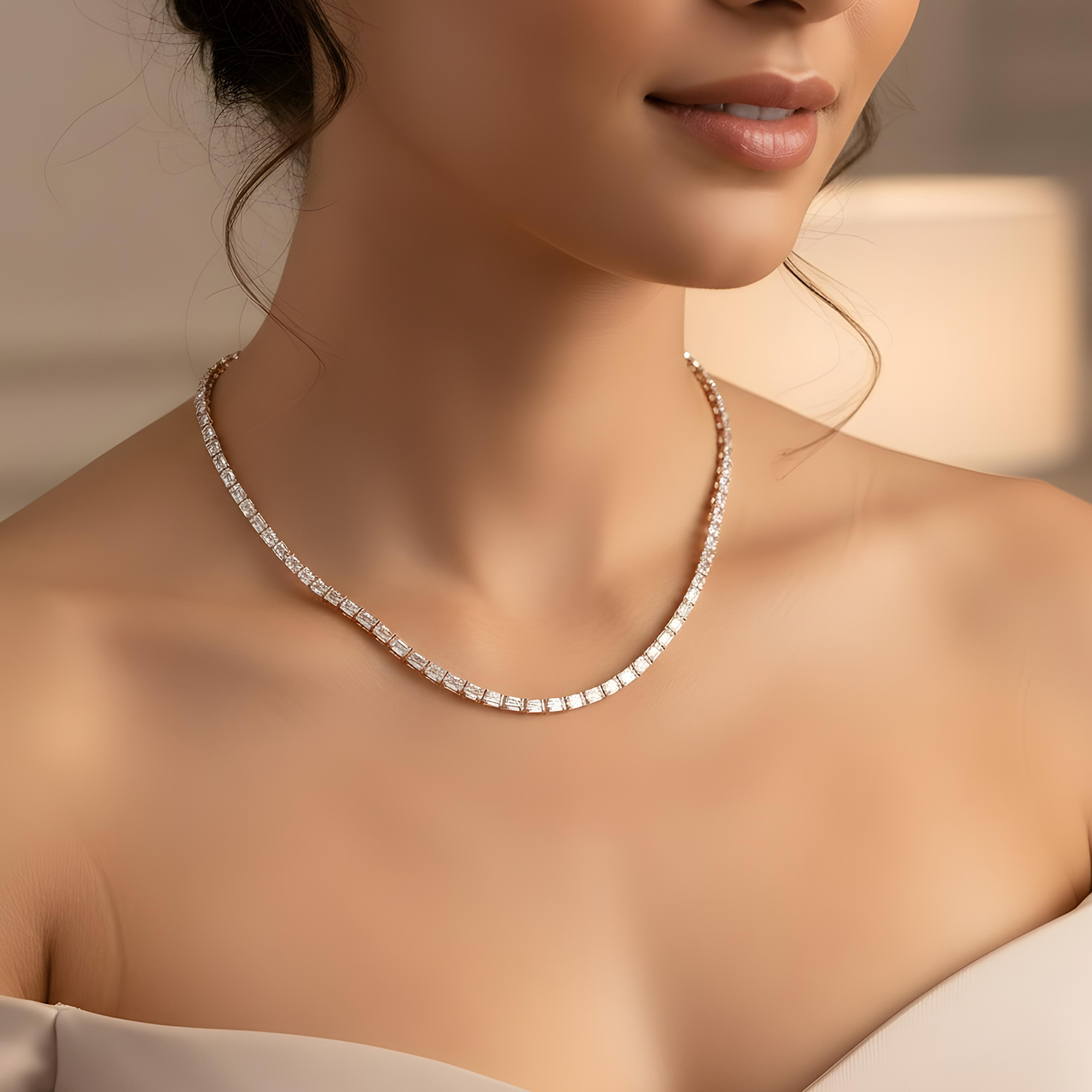 14K White Gold Emerald Cut Diamond Tennis Chain 16.19ct