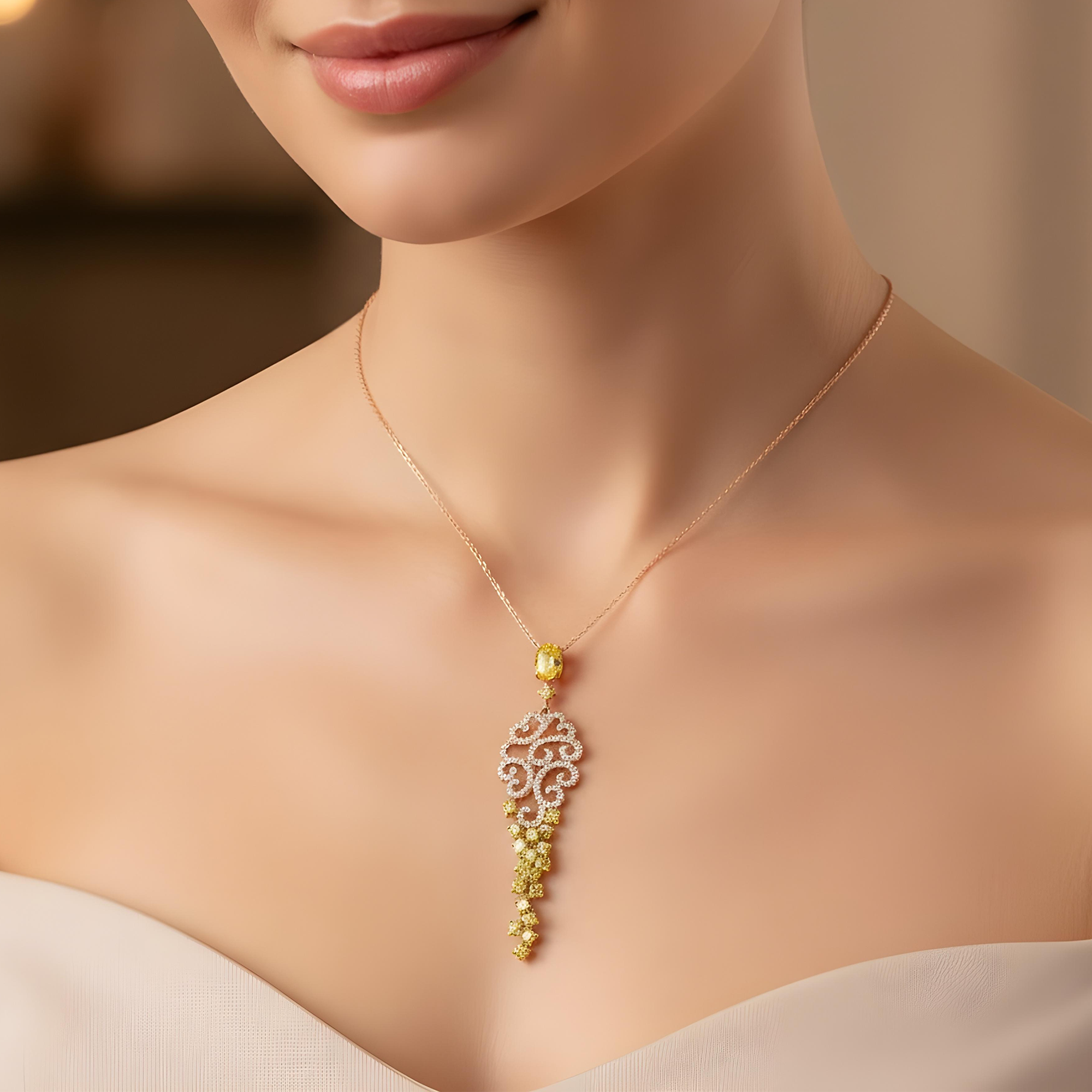 14K Two Tone Round Cut White & Fancy Yellow Diamond Pendant Necklace 2.78ct