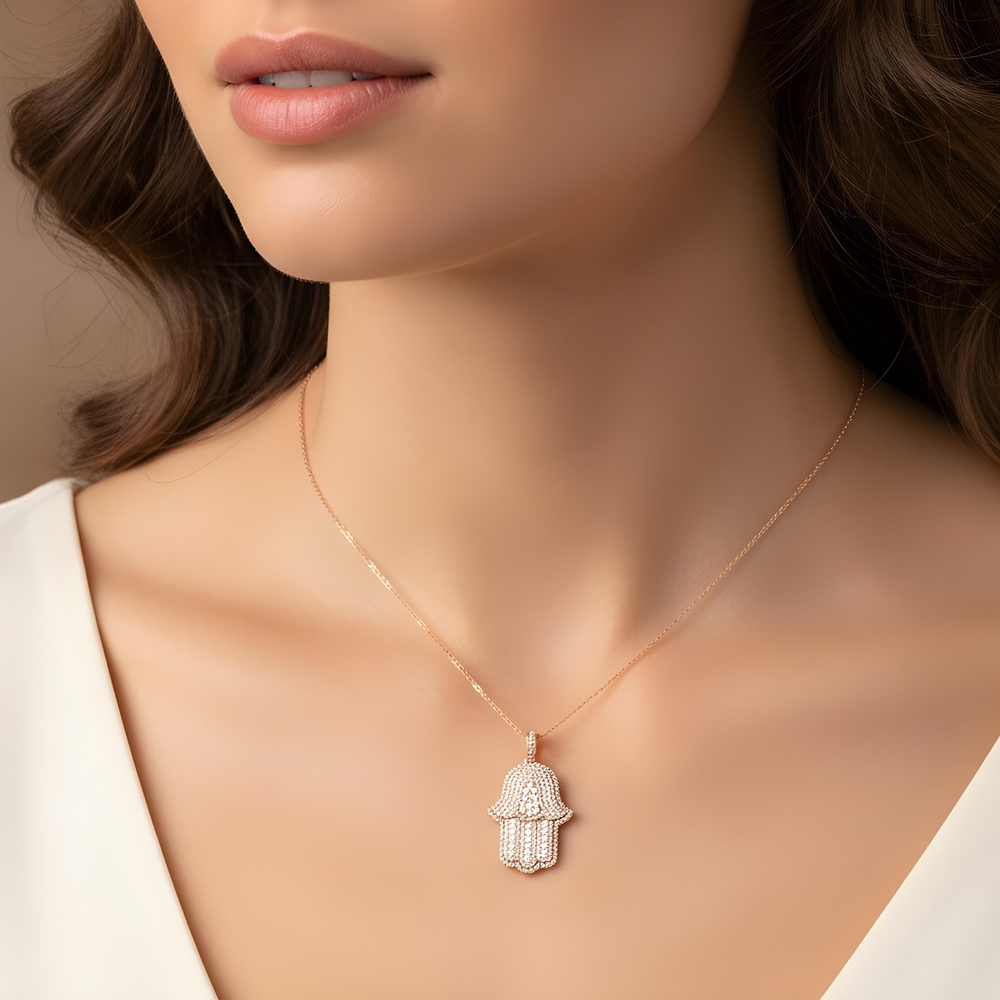 14K White Gold Round Diamond Bilevel Hamsa Pendant 4.0ct