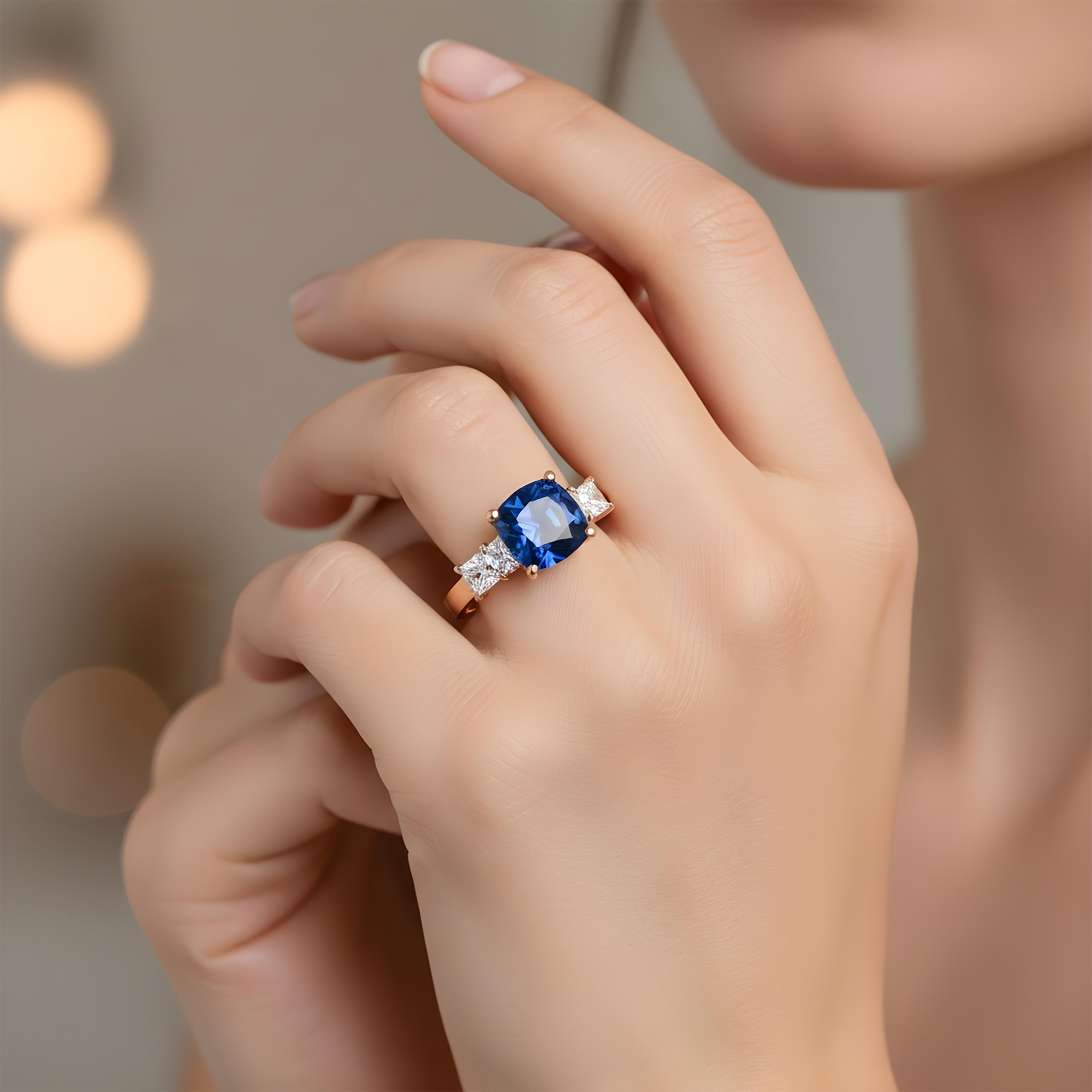 18K White Gold 4.0ct Cushion Sapphire Gemstone Ring 5.39ctw