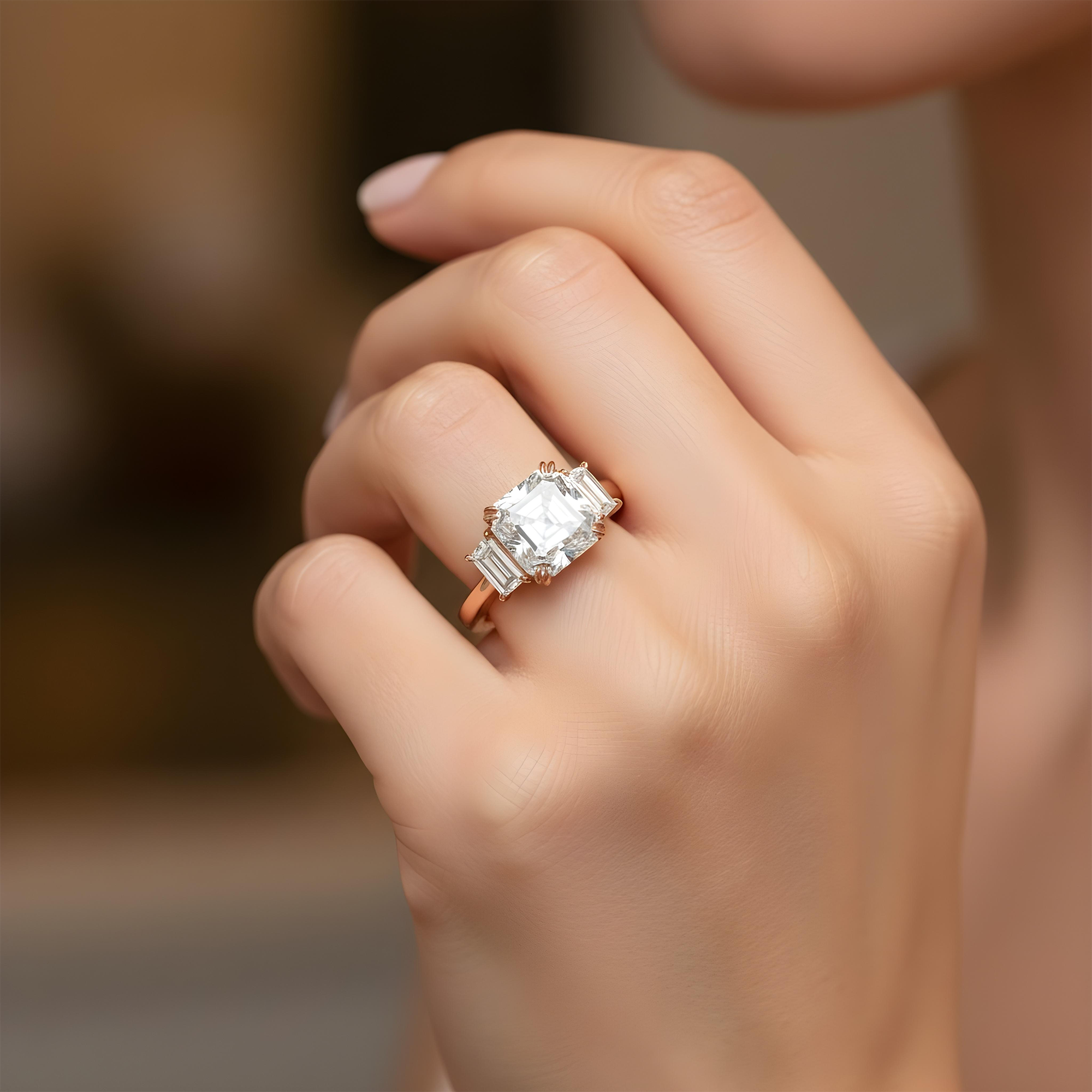 14K White Gold 5.37ct Asscher Cut Triple Diamond Engagement Ring 6.26ctw