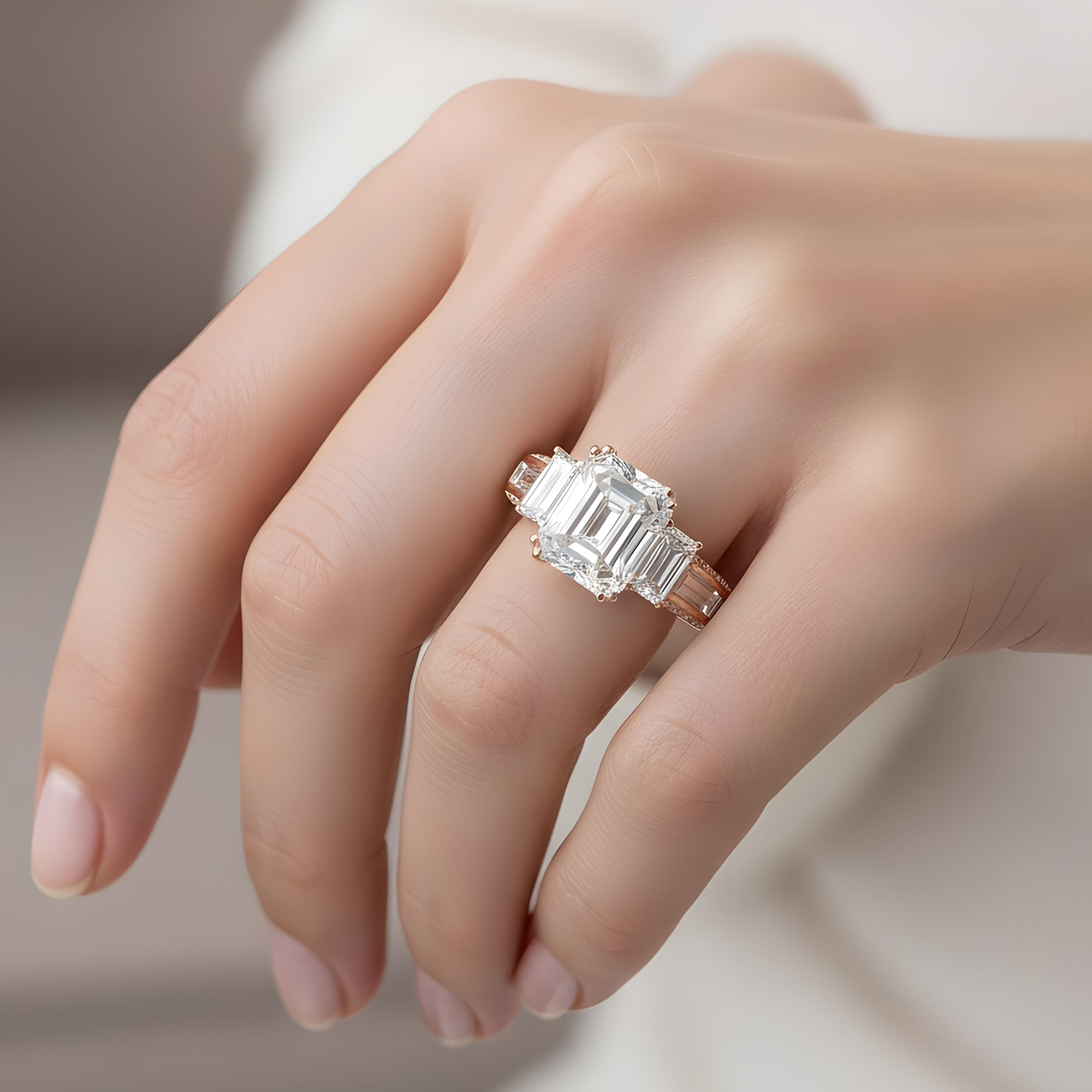 GIA 18K White Gold 5.11ct Triple Emerald Cut Diamond Engagement Ring 7.09ctw