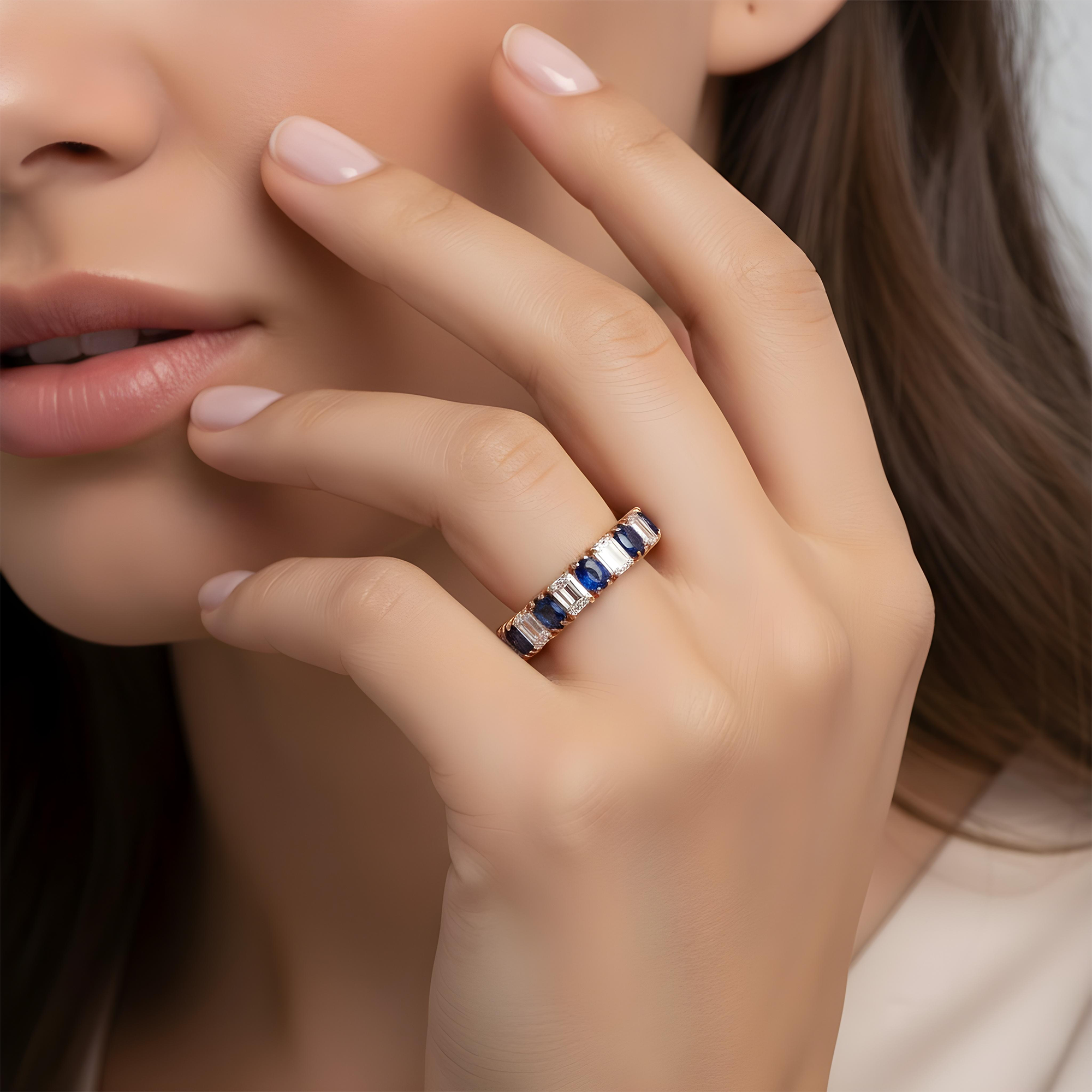 14K White Gold Emerald Cut Diamond & Oval Cut Sapphire Eternity Ring