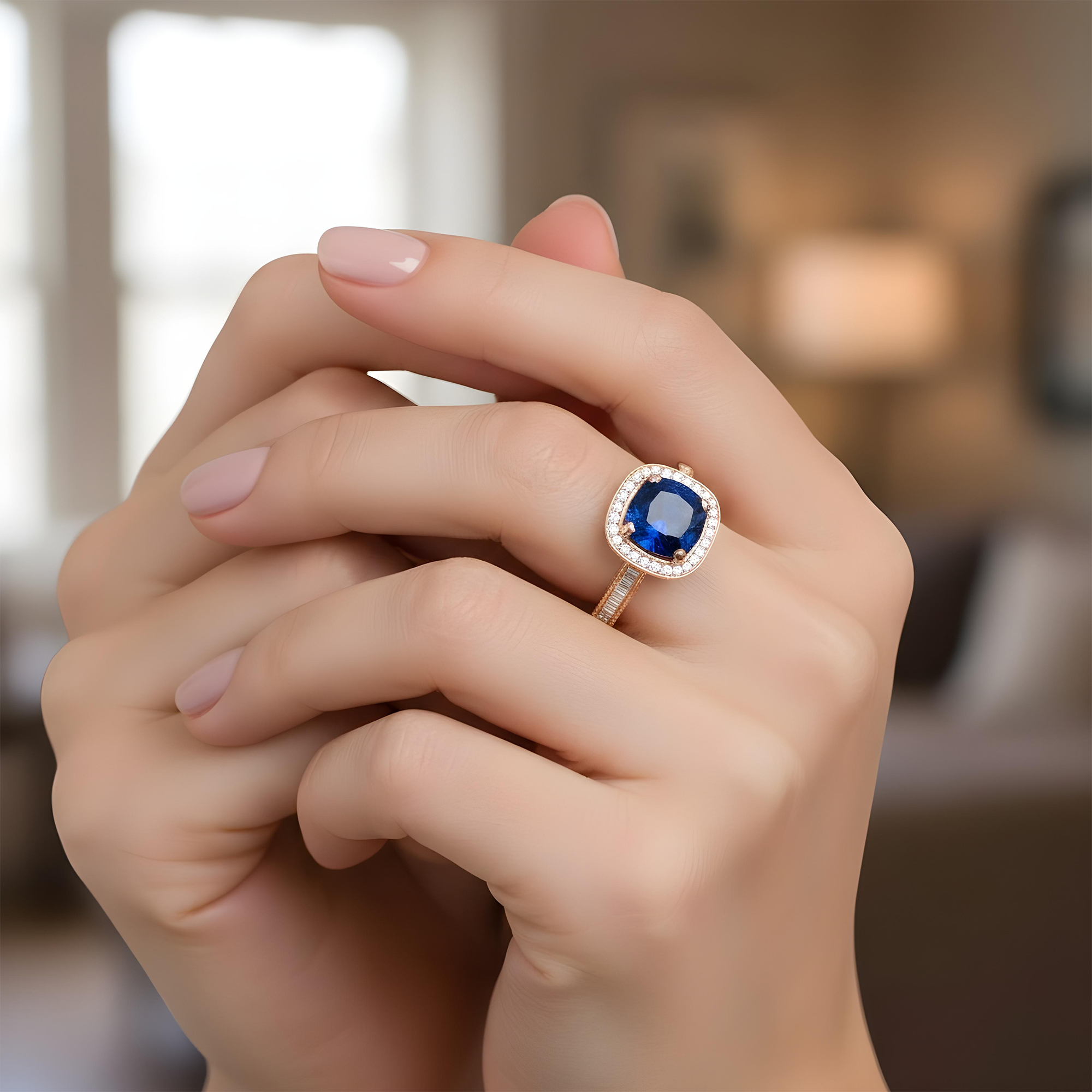 18K White Gold 5.01ct Cushion Cut Sapphire Gemstone Ring 6.01ctw