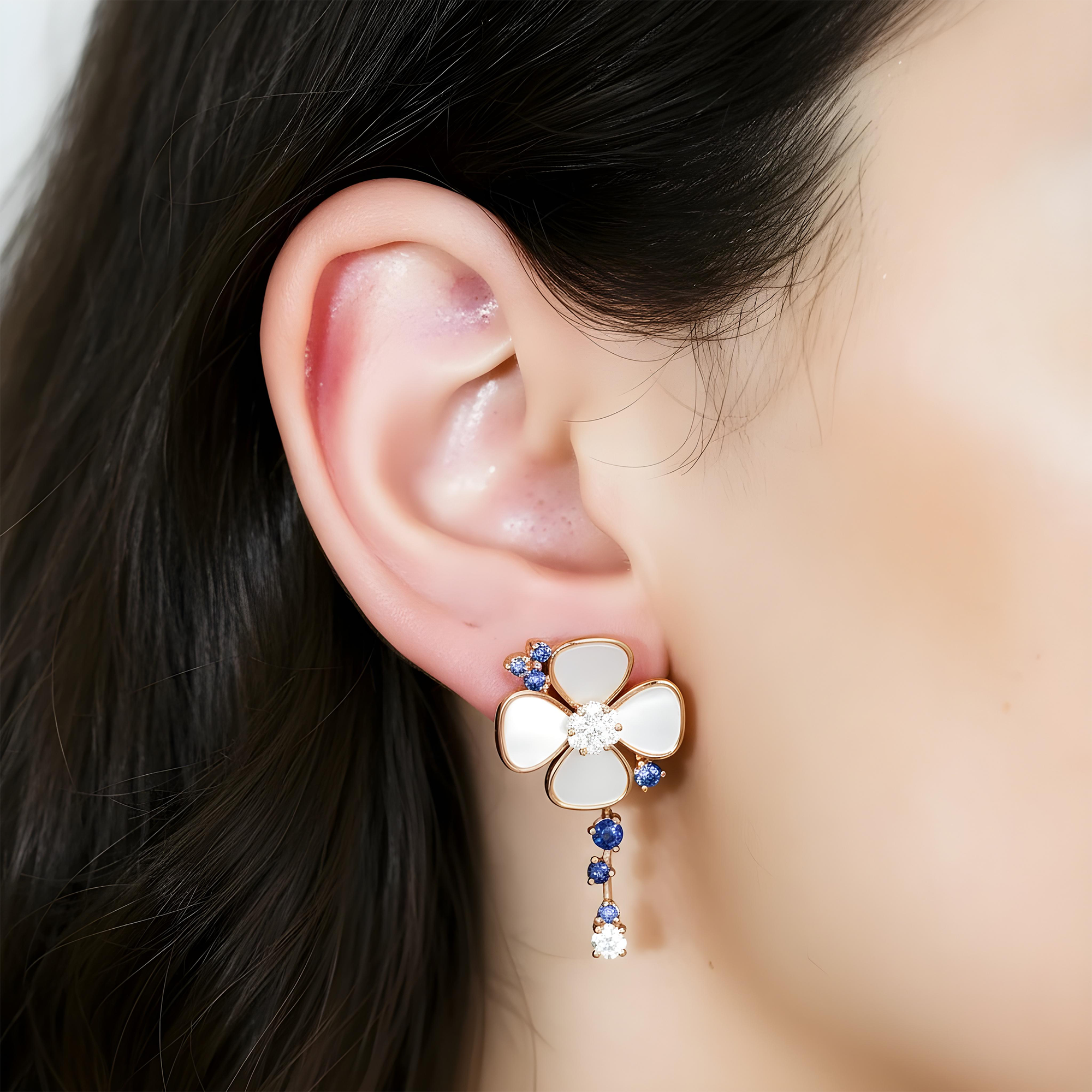18K Yellow Gold Mother of Pearl/Blue Sapphire & Diamond Flower Drop Earrings 0.52ctw